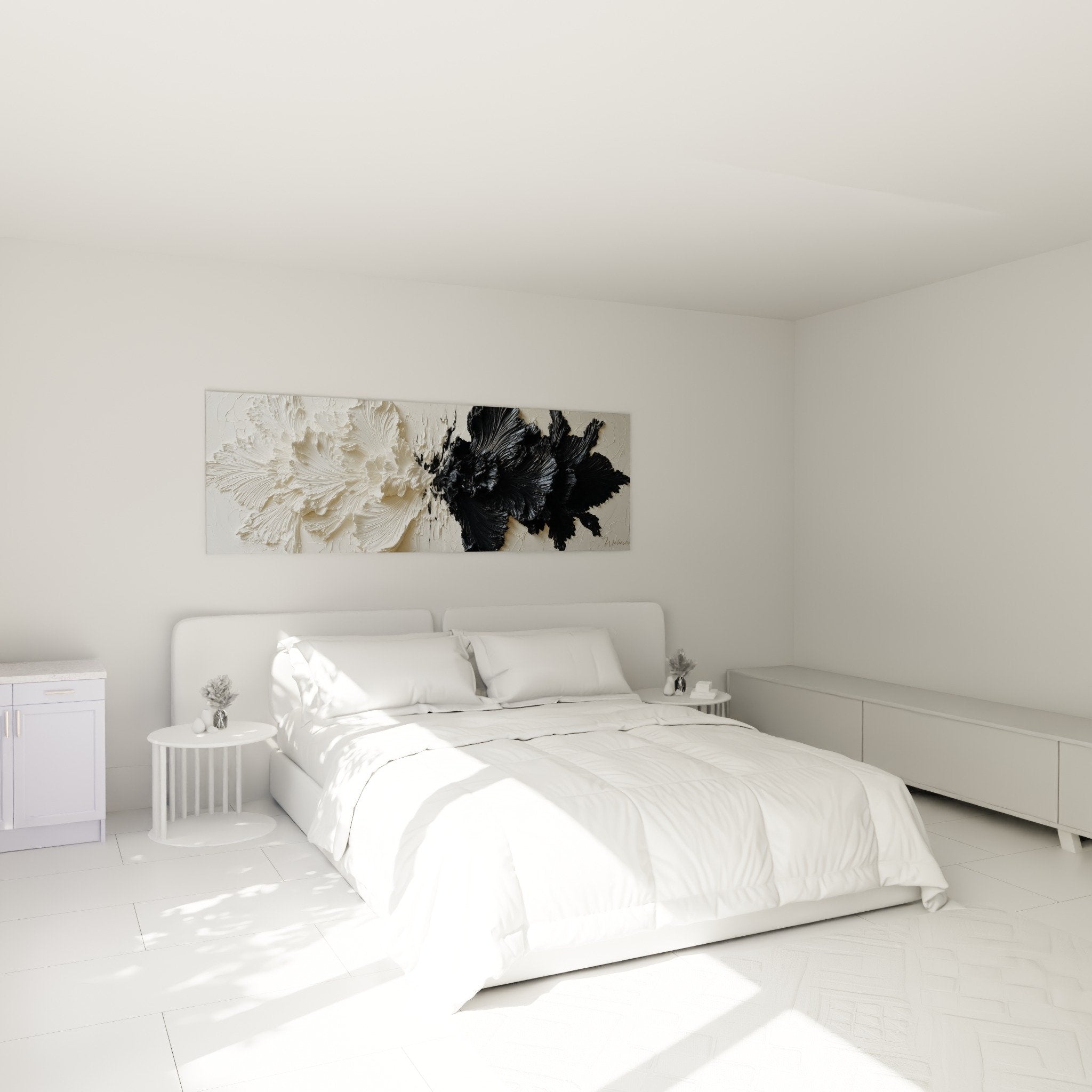 Decoration chambre tableau fleurs sculptees blanc noir relief feng shui nord ouest metal ambiance zen