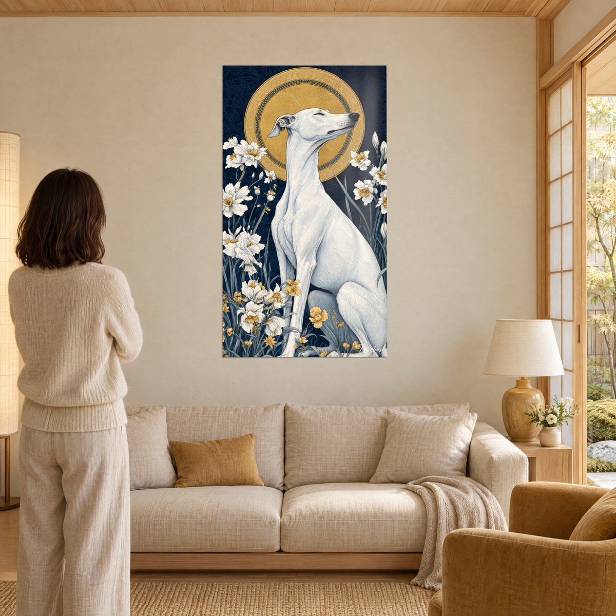 Wall art white greyhound with a calm gaze, golden halo and ivory flowers on a midnight blue background, above a sofa in a bright living room