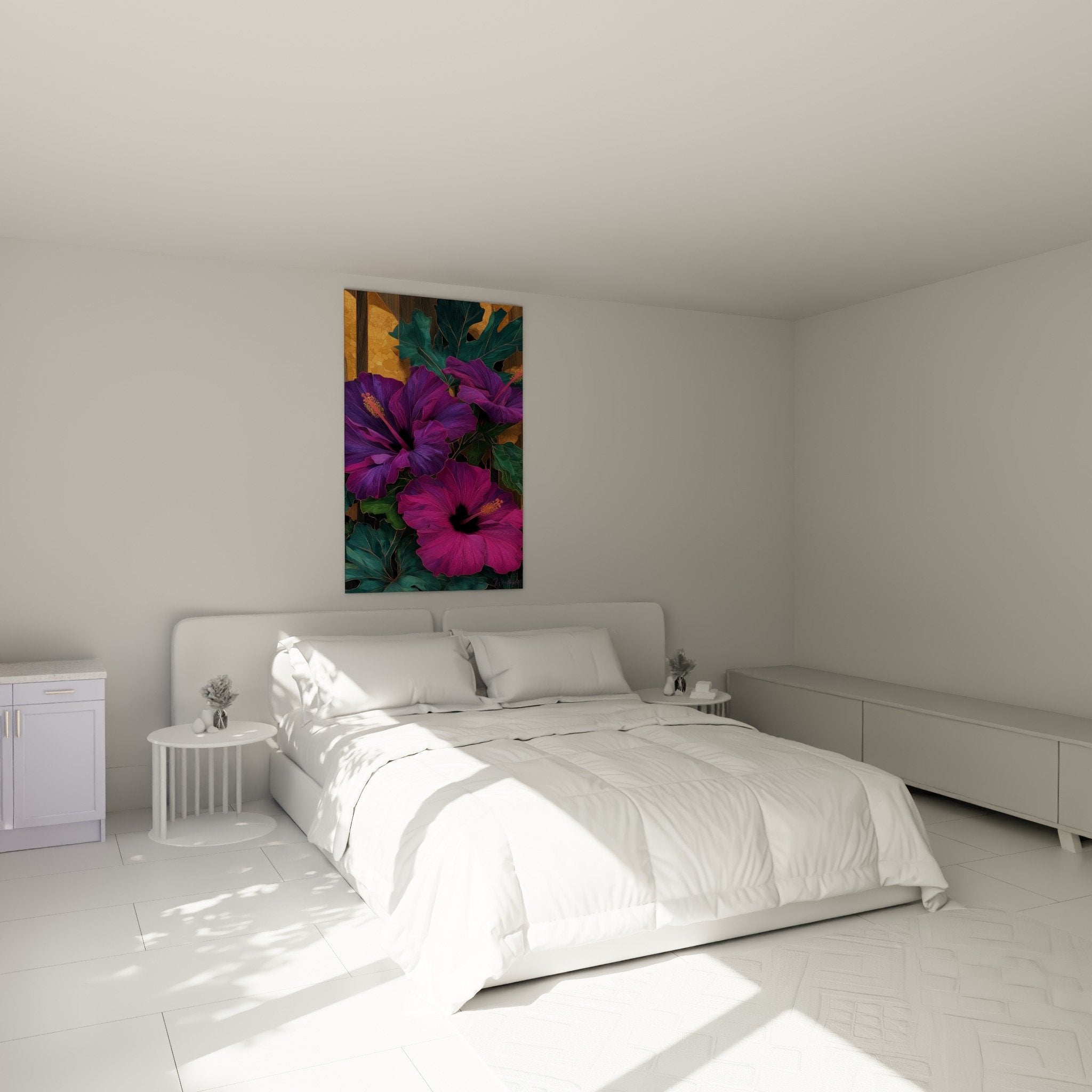 Bedroom ambiance hibiscus tropical flowers purple wall art beige decor feng shui southeast peaceful