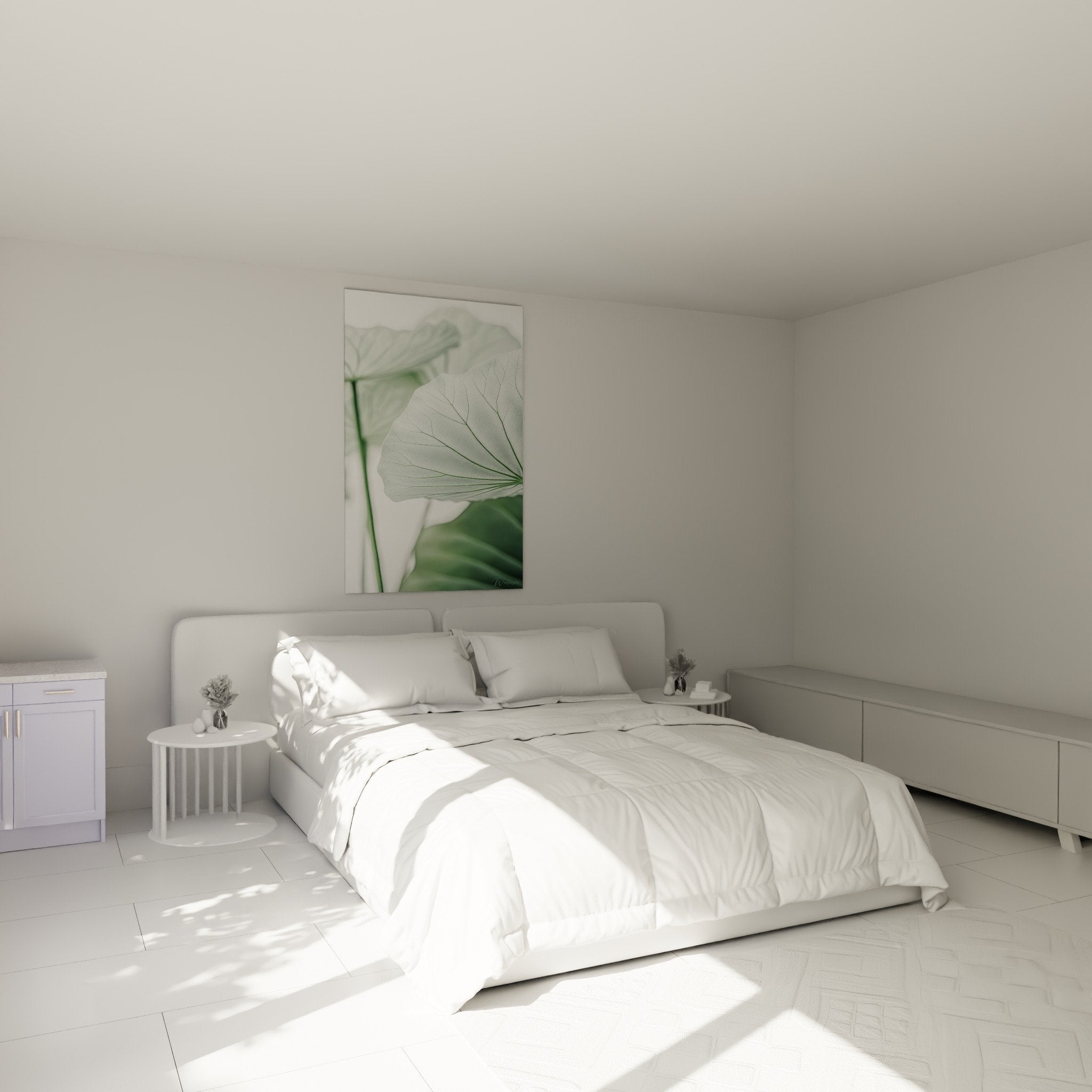 Tableau feuille lotus translucide accroche au dessus lit chambre deco zen minimaliste tons pastel verts