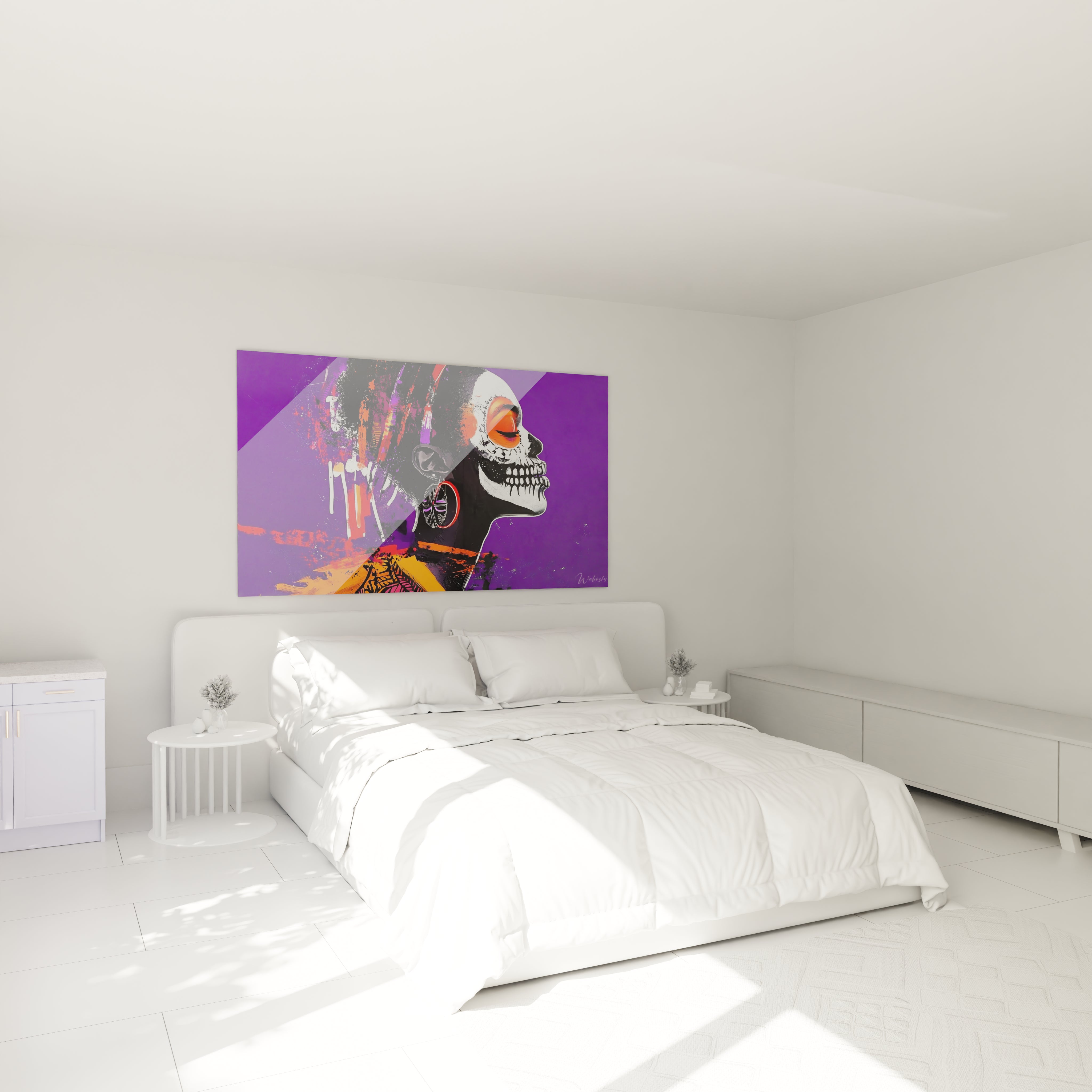 Tableau africain mural Walensky représentant un héron dans un décor naturel lumineux au-dessus d'un lit blanc moderne