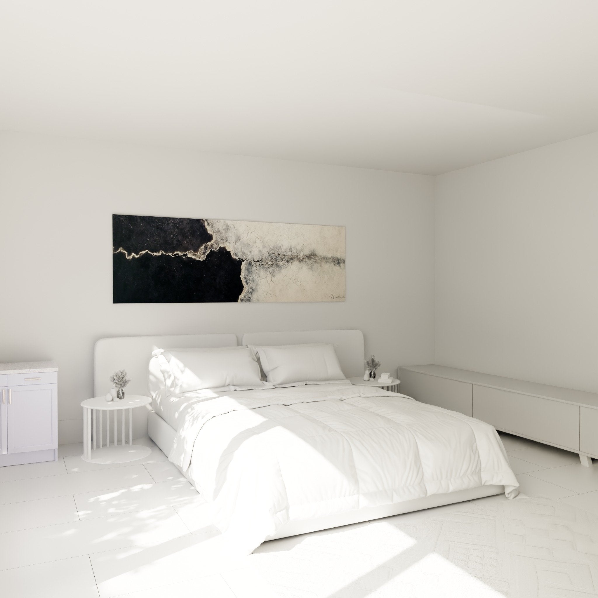 Œuvre abstraite noir beige dans chambre moderne mur blanc mobilier épuré ambiance zen contemporaine