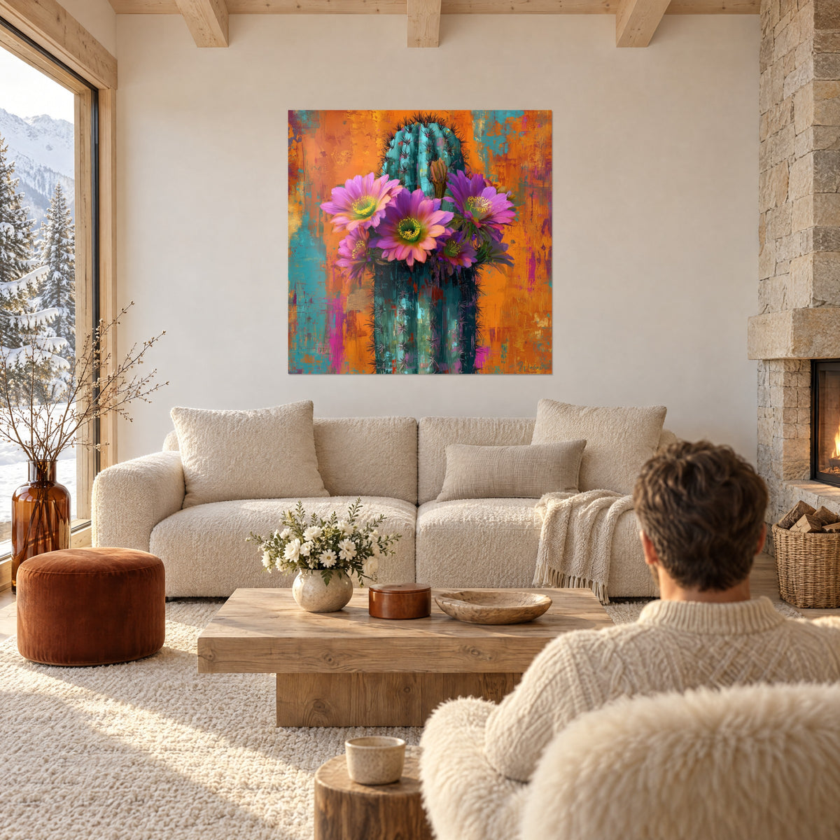Gemälde Kakteenblüte in Violett und Rosa, leuchtend oranger Hintergrund mit türkisfarbenen Akzenten, über einem Sofa in einem hellen Wohnzimmer