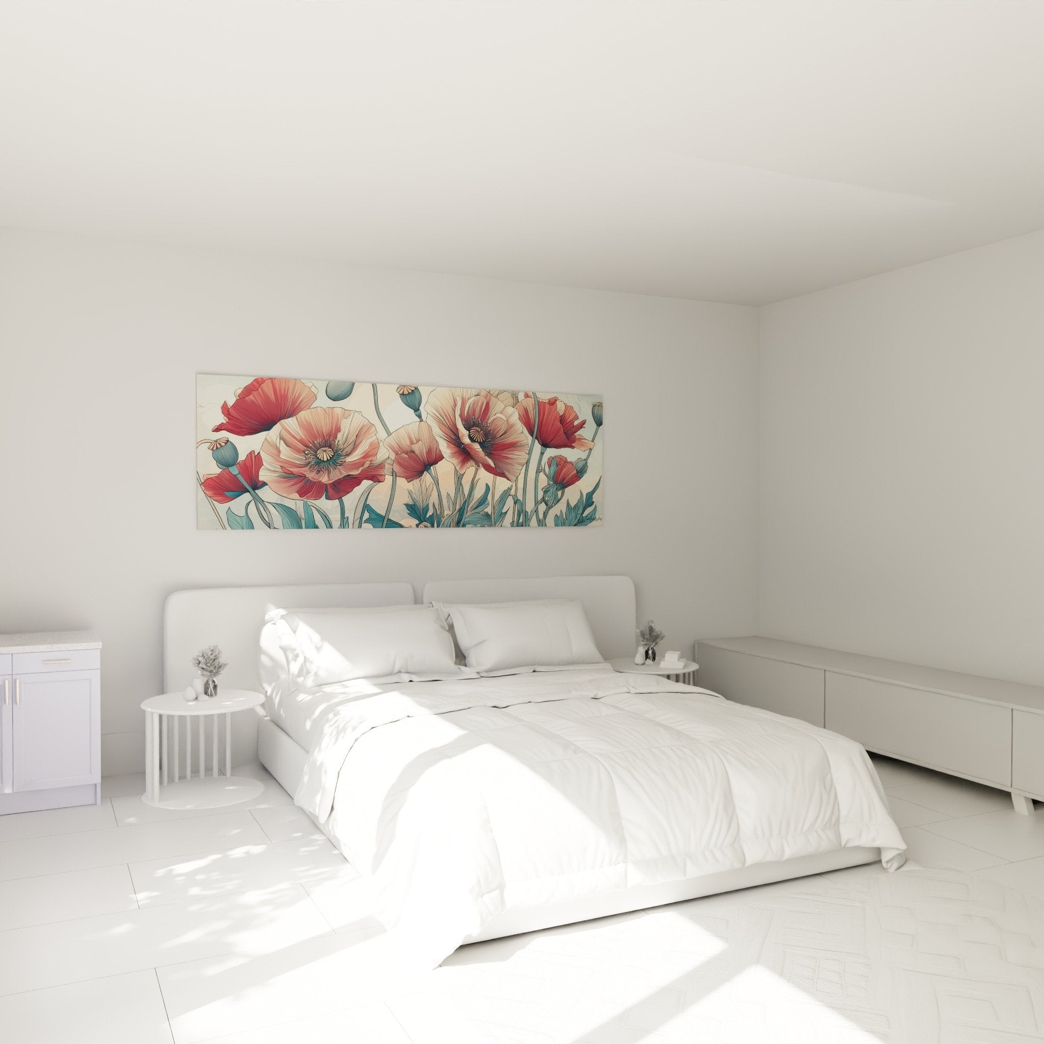 Chambre moderne avec tableau de coquelicots corail au-dessus du lit, décoration romantique et apaisante
