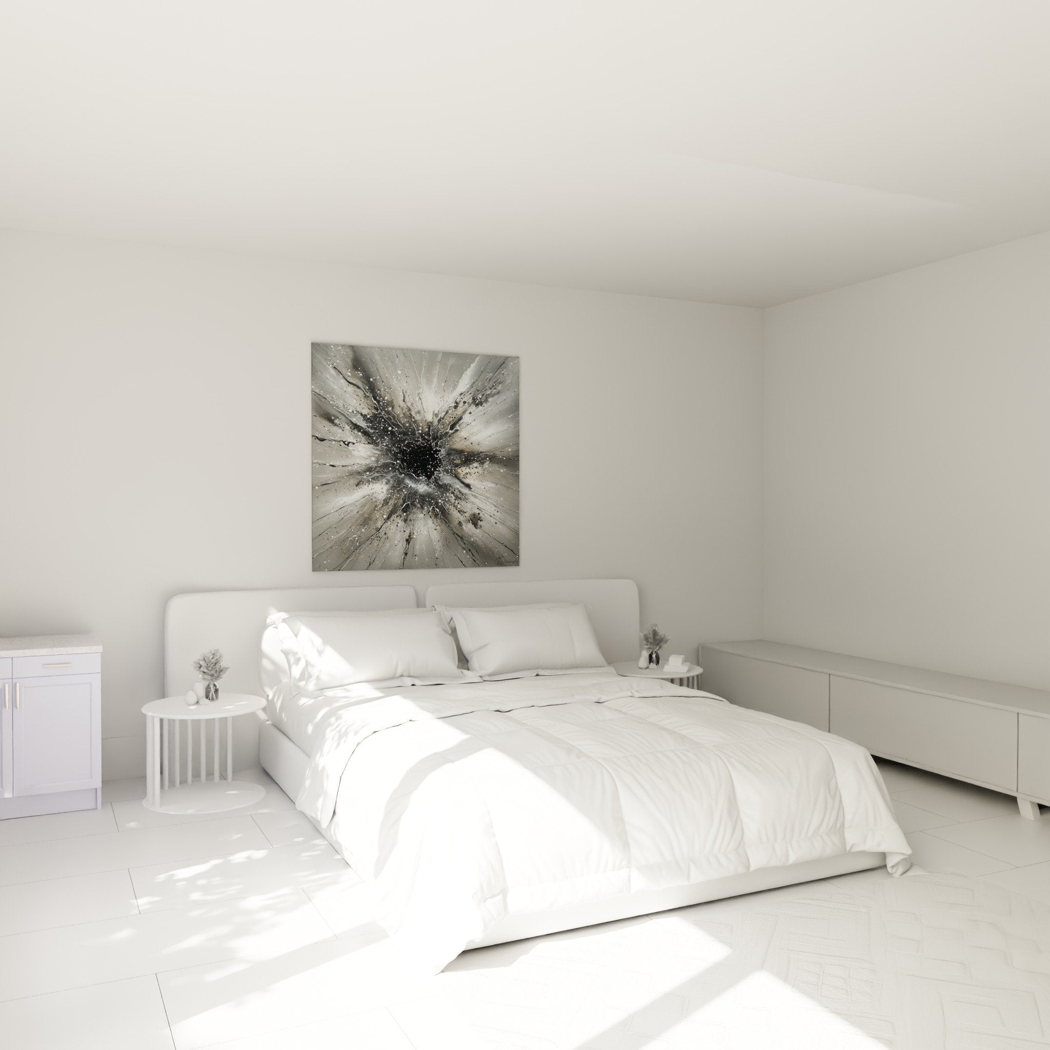 Chambre moderne avec tableau explosion metallique noir gris au mur decoration feng shui metal