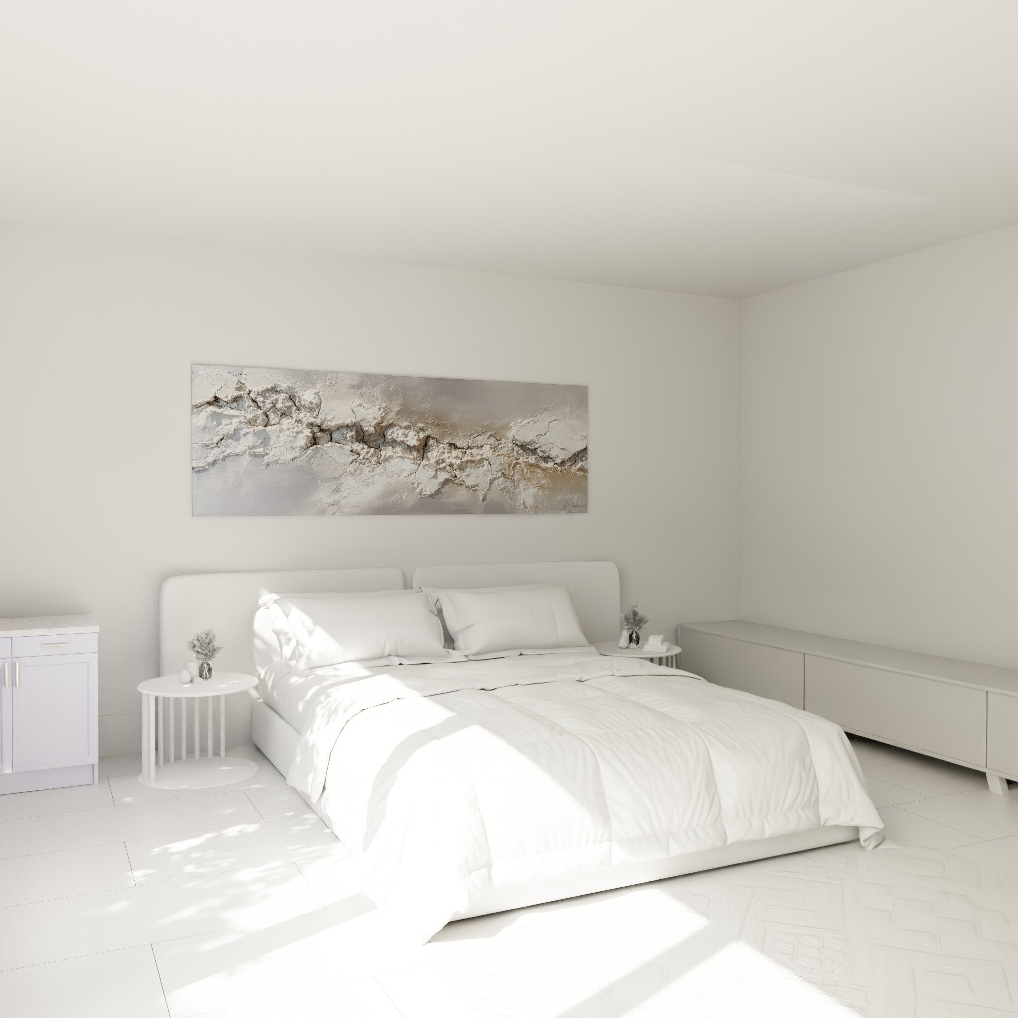 Deco chambre moderne tableau abstrait gris blanc texture rugueuse murale contemporaine feng shui