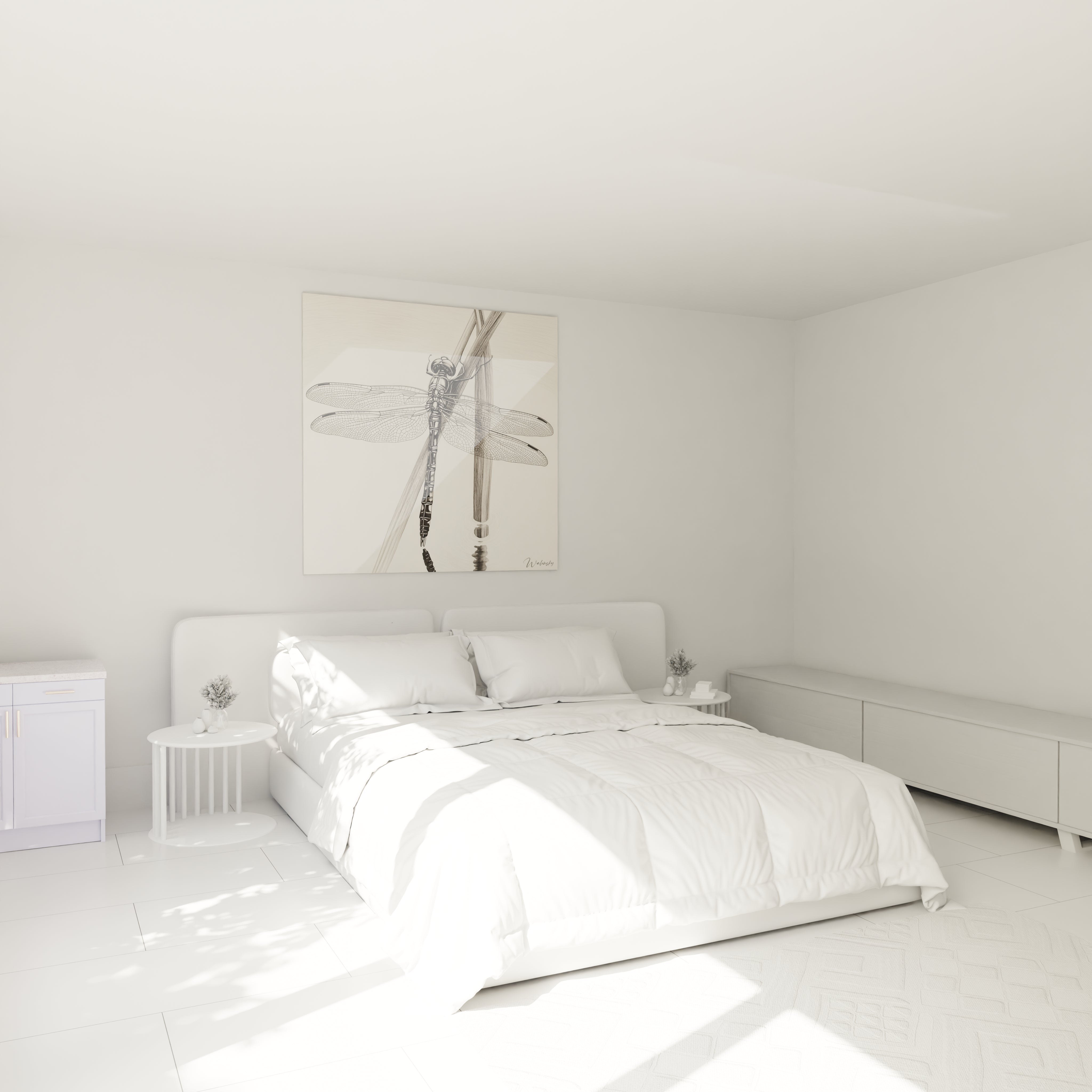 Tableau libellule Walensky accroché dans une chambre minimaliste blanche avec lit double et meubles modernes