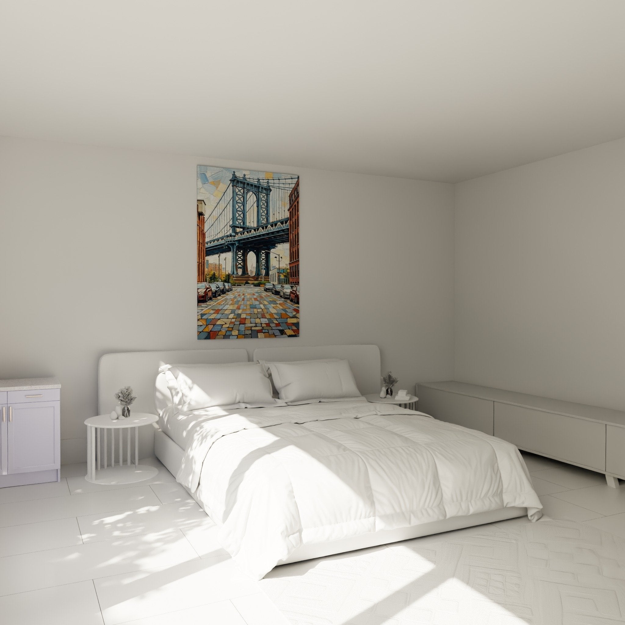 decoration chambre pont manhattan bleu rouge brique pavés multicolores ambiance urbaine brooklyn