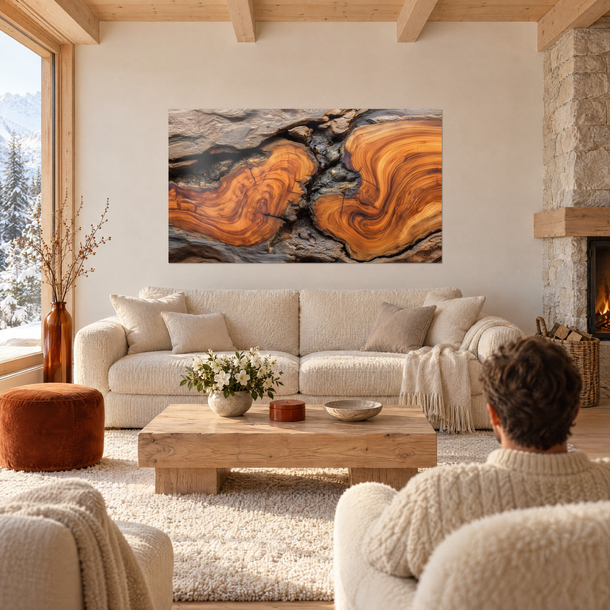 Quadro sezione di tronco con volute arancio ramato e marrone cioccolato, su parete bianca sopra un divano in un soggiorno luminoso