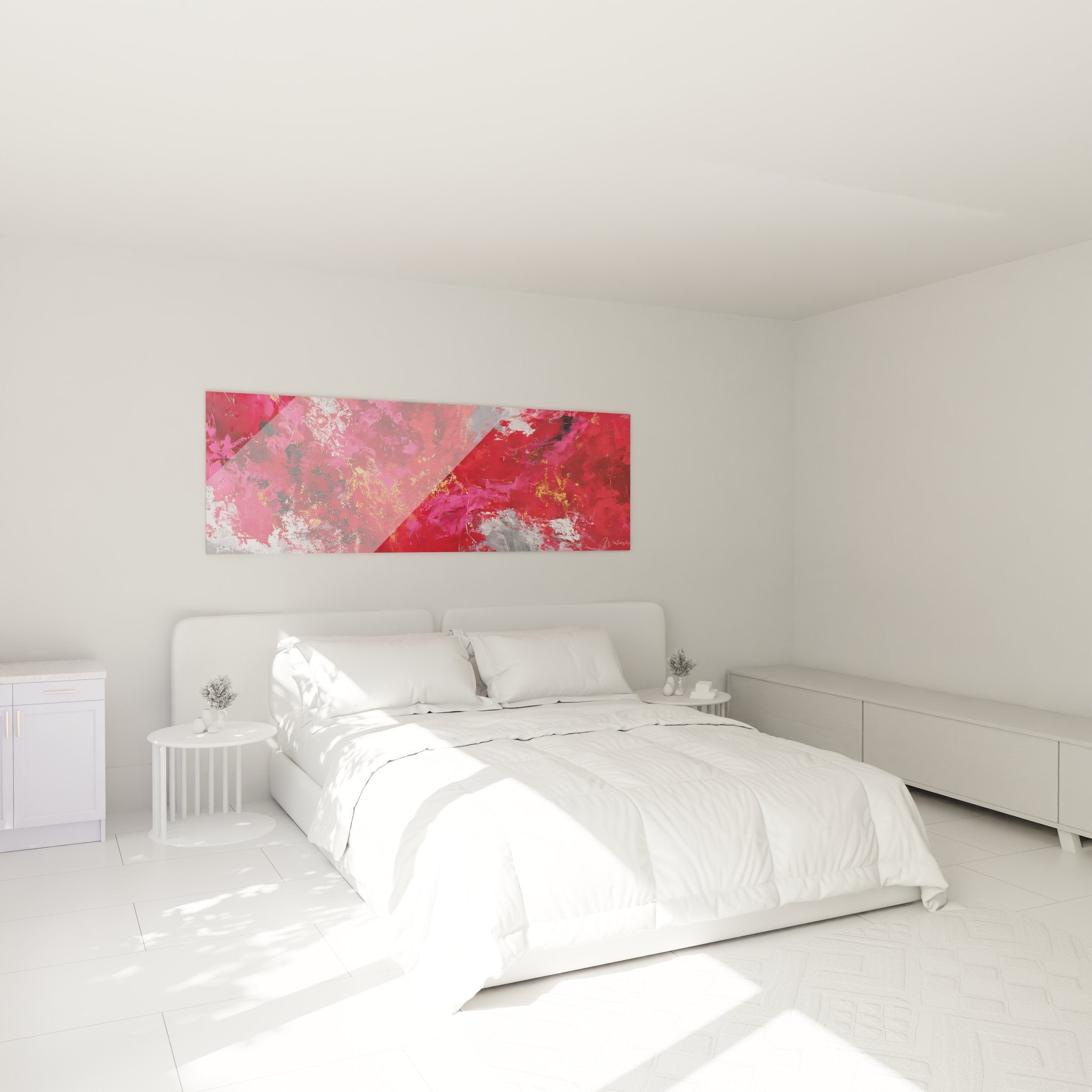 Ambiance chambre avec tableau abstrait rouge expressionniste créant une atmosphère passionnée et contemporaine
