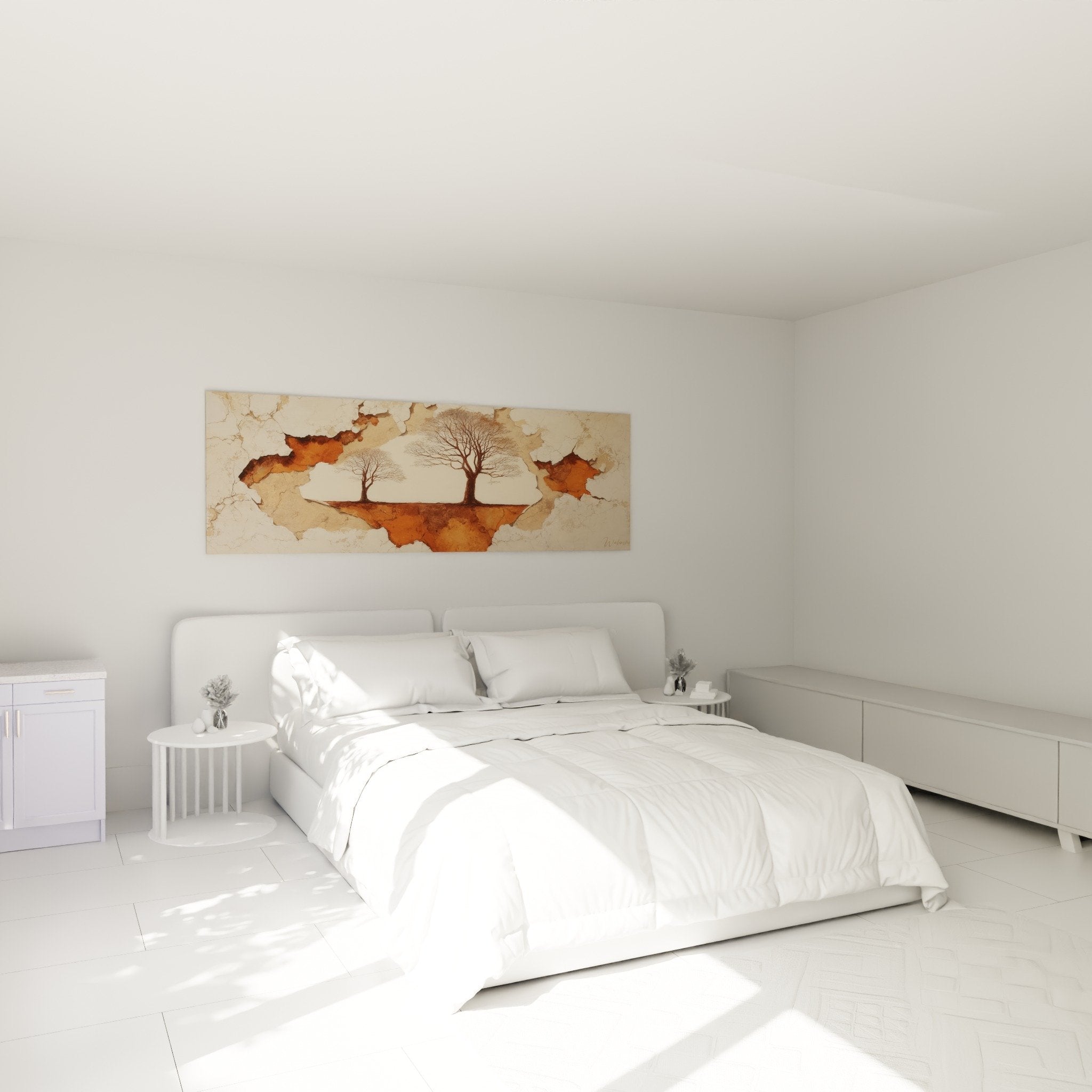 Tableau arbres craquelé ocre dans chambre moderne, décoration murale Feng shui Nord-Est Terre