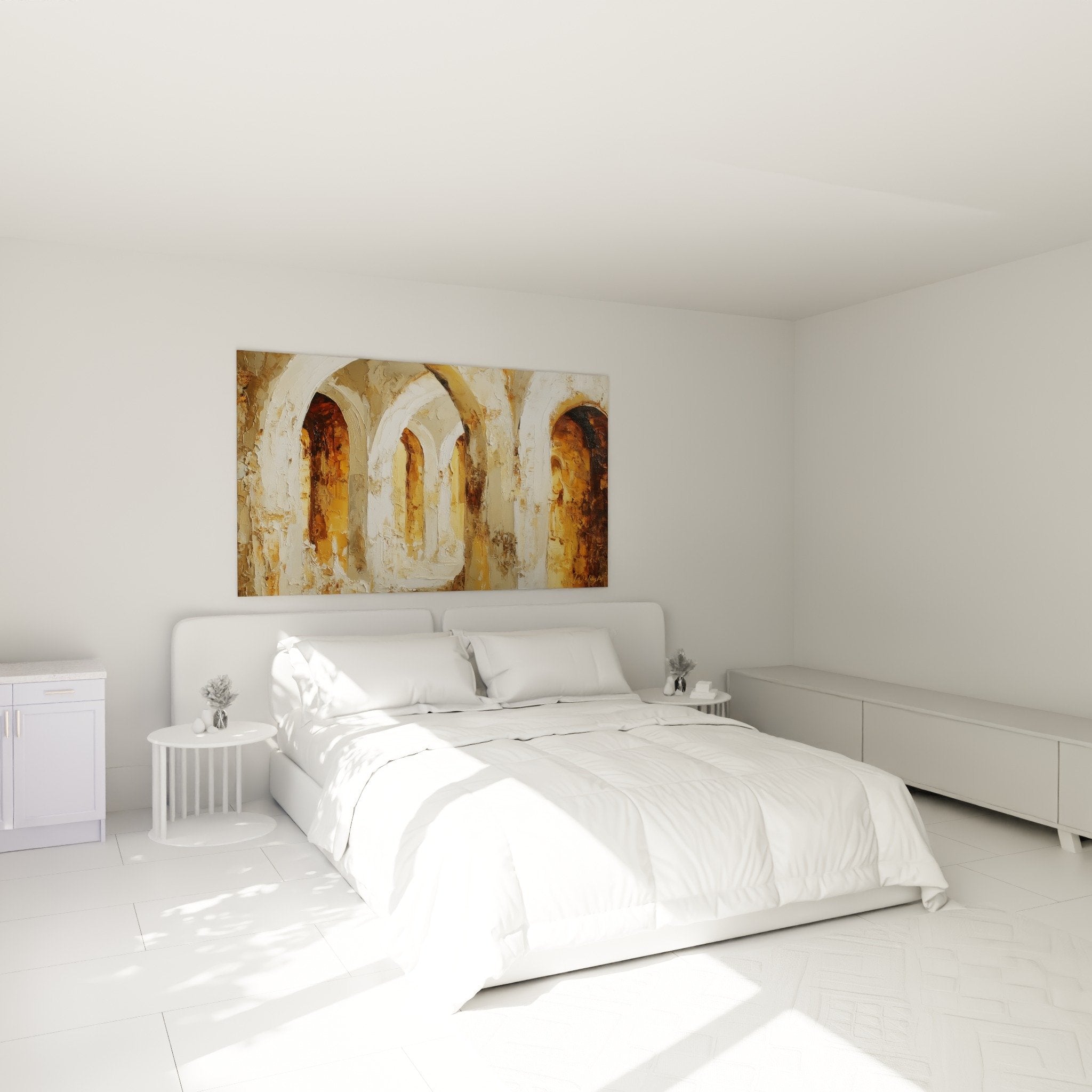 Schlafzimmer-Dekoration Vintage-Arcade-Gemälde Ocker Beige ruhige Atmosphäre Feng-Shui Erdmitte