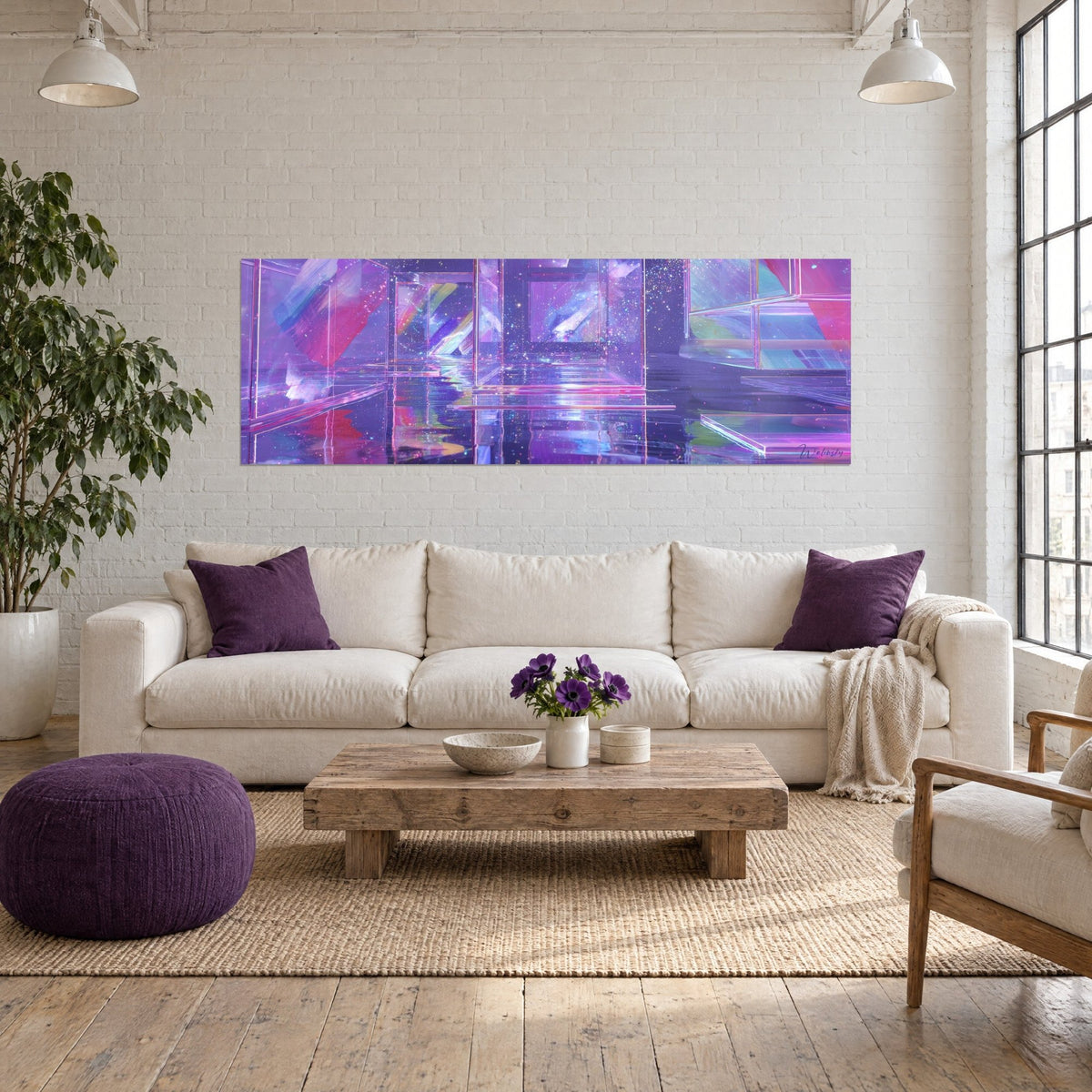Wall art of holographic glass cubes in violet and pink, glittering reflections on a mirror floor, above a sofa in a bright living room