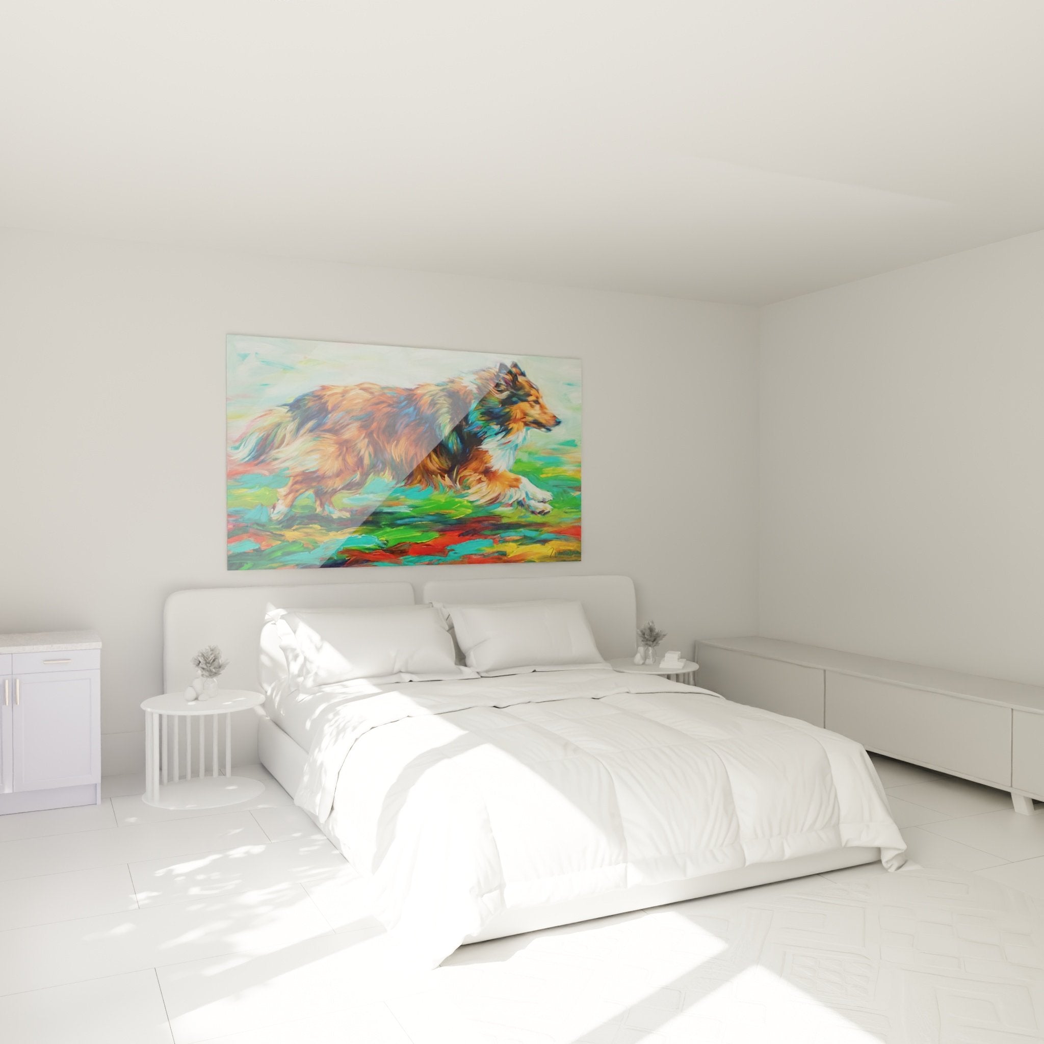 Chambre moderne avec tableau coloré Berger des Shetland mouvement expressionniste au mur