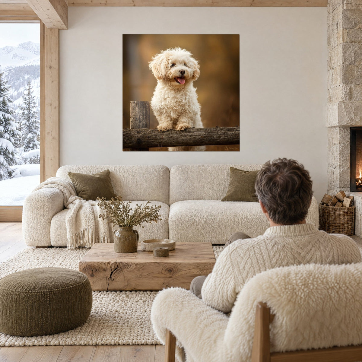 Cream Havanese painting, pink tongue out, curly fur on a golden background, above a sofa in a bright living room