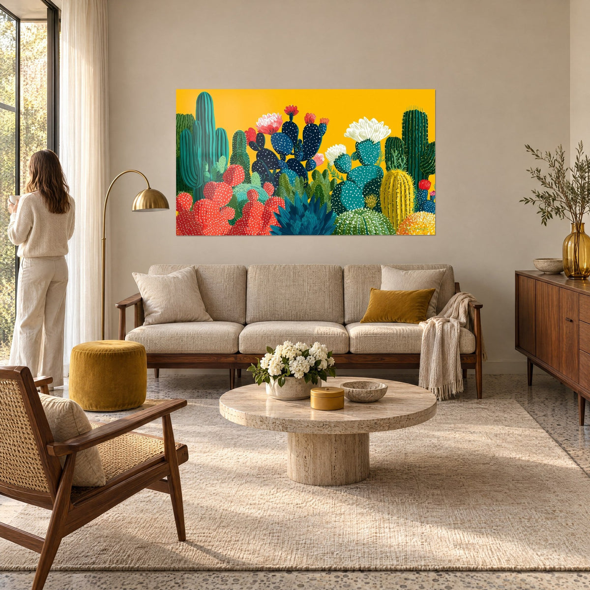 Gemälde mit geometrischem Kaktusgarten auf orangegelbem Grund, weiße und korallenfarbene Blüten, über einem Sofa in einem hellen Wohnzimmer