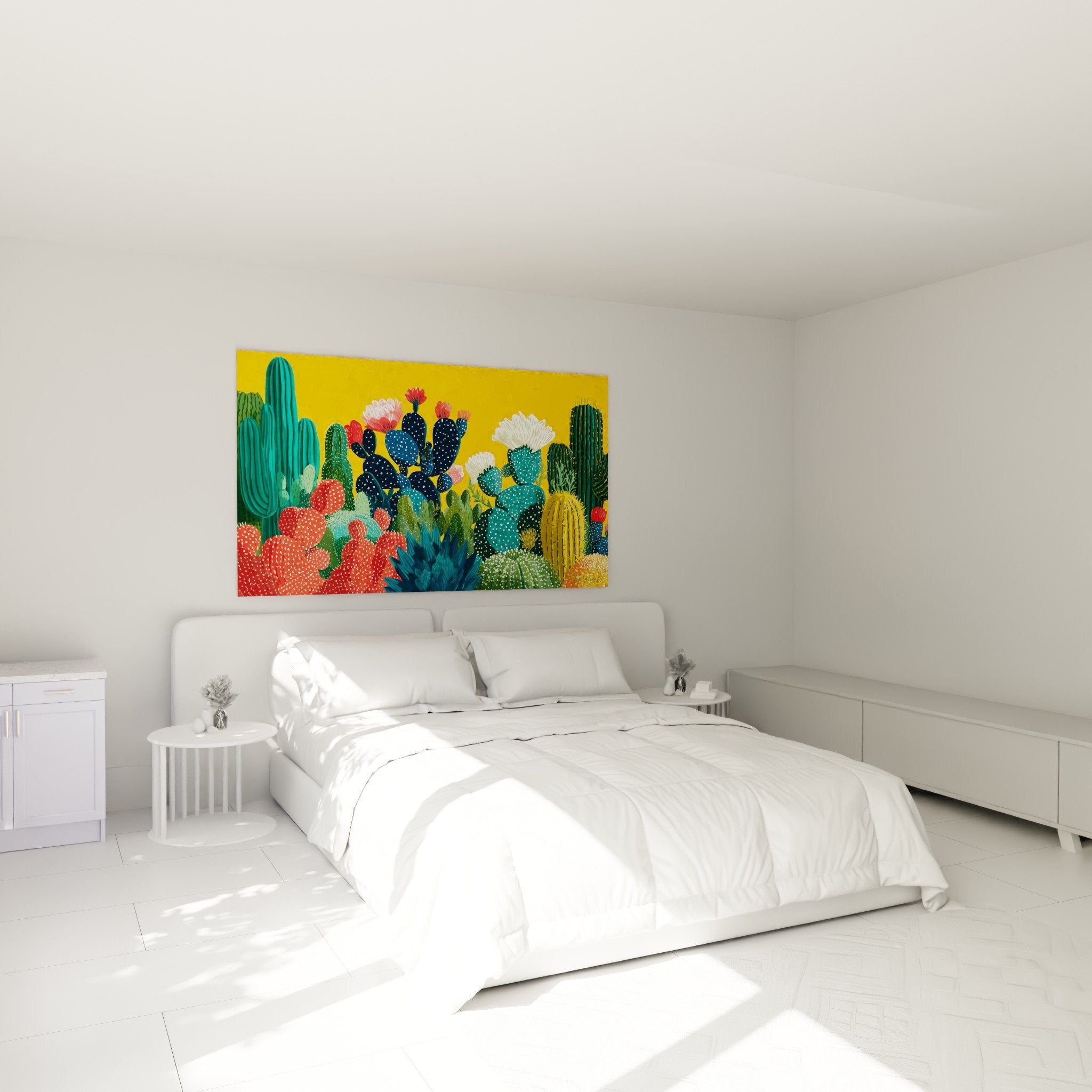 Modernes Schlafzimmer mit farbenfrohem kubistischem Kaktus-Wandbild über dem Bett zeitgenössische Dekoration