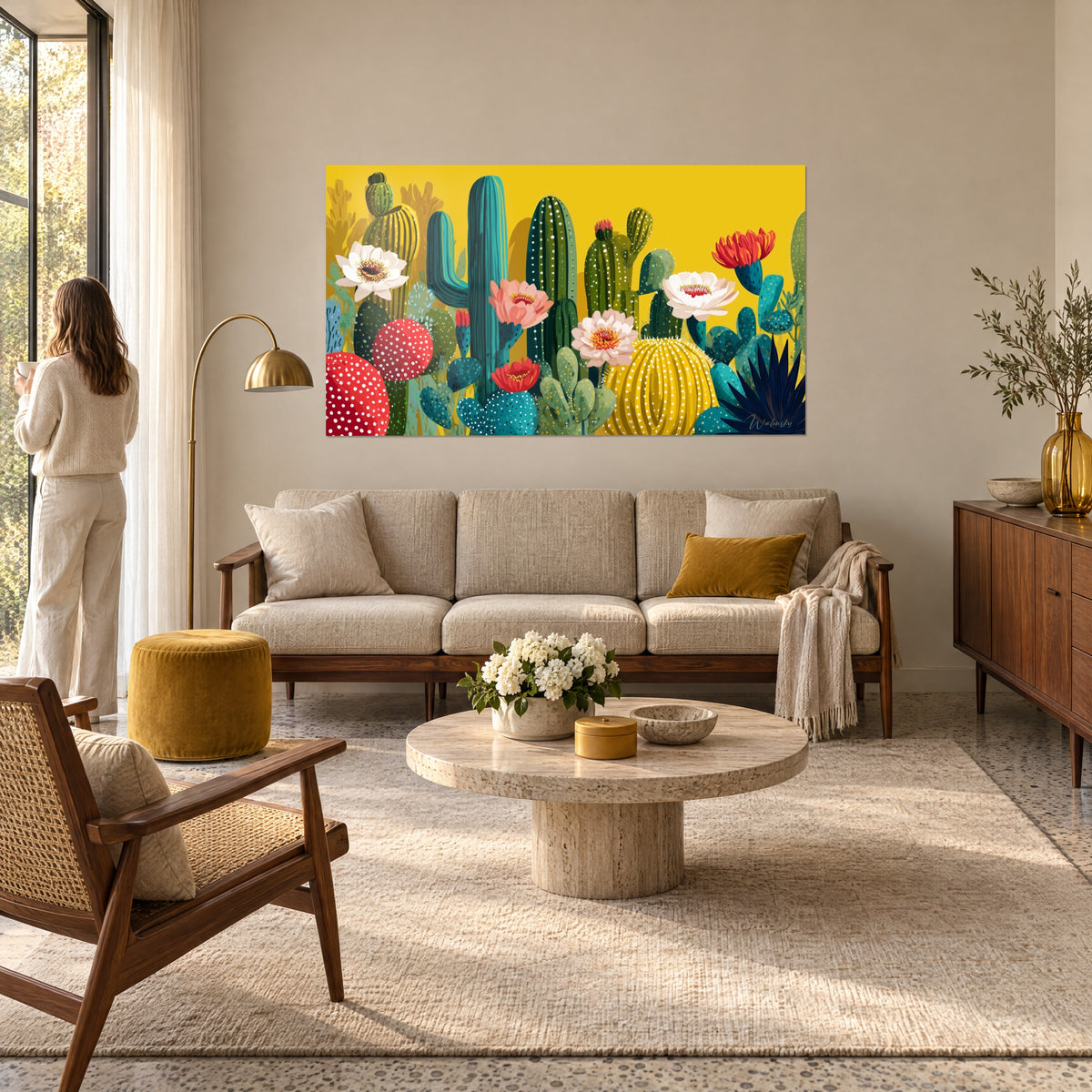 Gemälde mit blühenden Kakteen vor senfgelbem Hintergrund, weiße und rosa Blüten, weiße Punkte, Frau von hinten, über einem Sofa in einem hellen Wohnzimmer