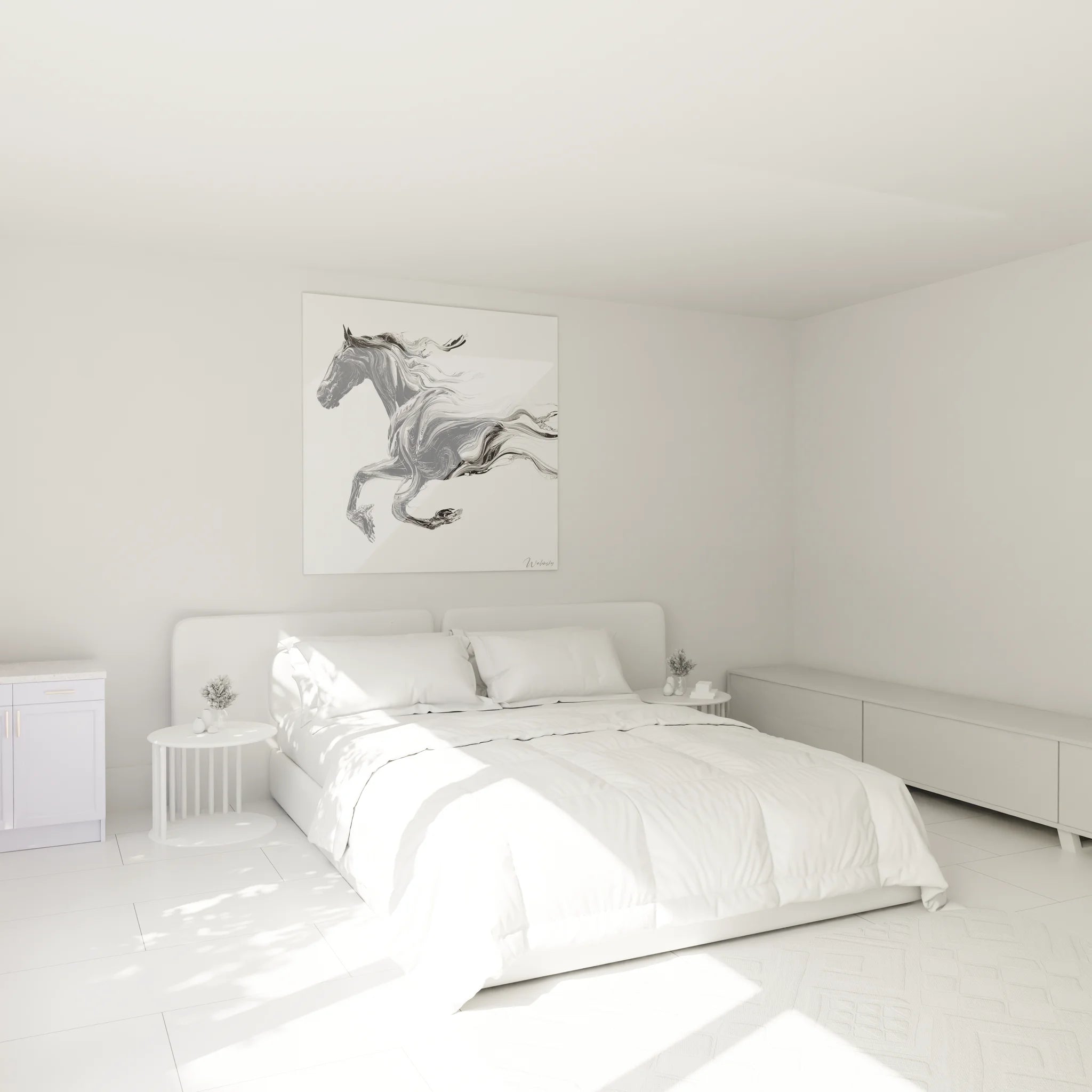 Ambiance chambre avec tableau cheval noir et blanc moderne au mur