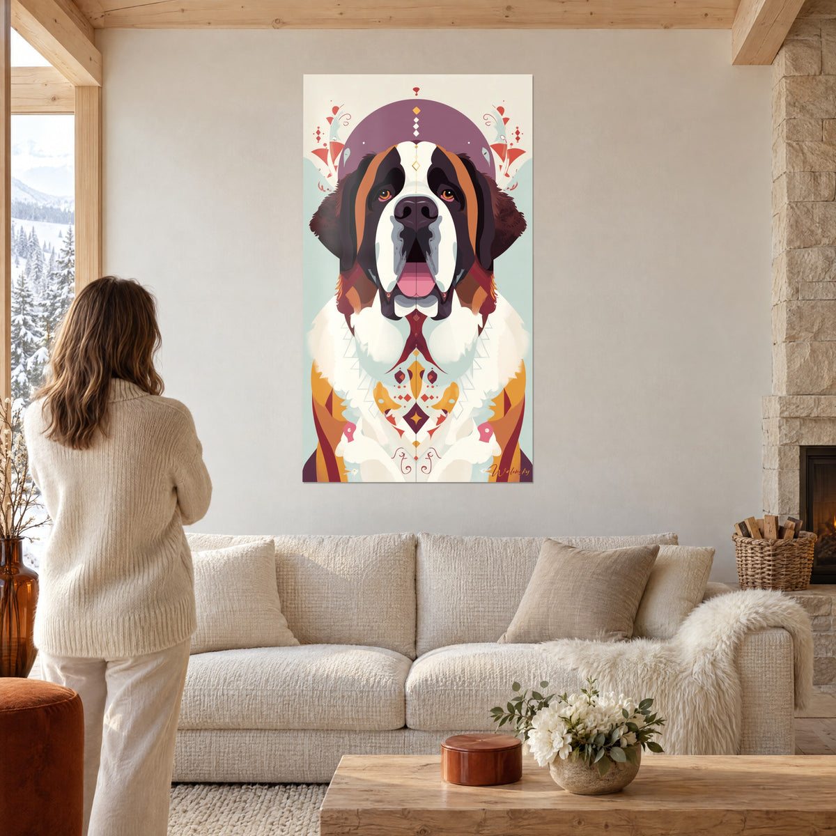 Wall art of a stylized Saint Bernard, white muzzle and brown mask, plum halo, seen from behind above a sofa in a bright living room