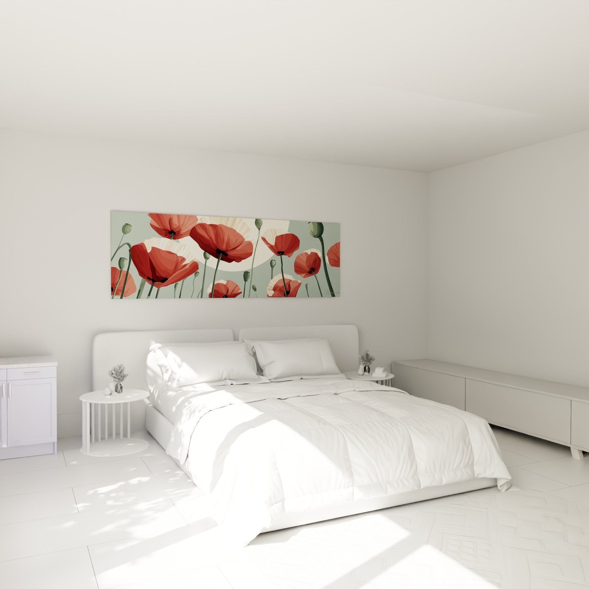 Camera moderna con quadro papaveri rosso crema sopra il letto, atmosfera romantica rilassante
