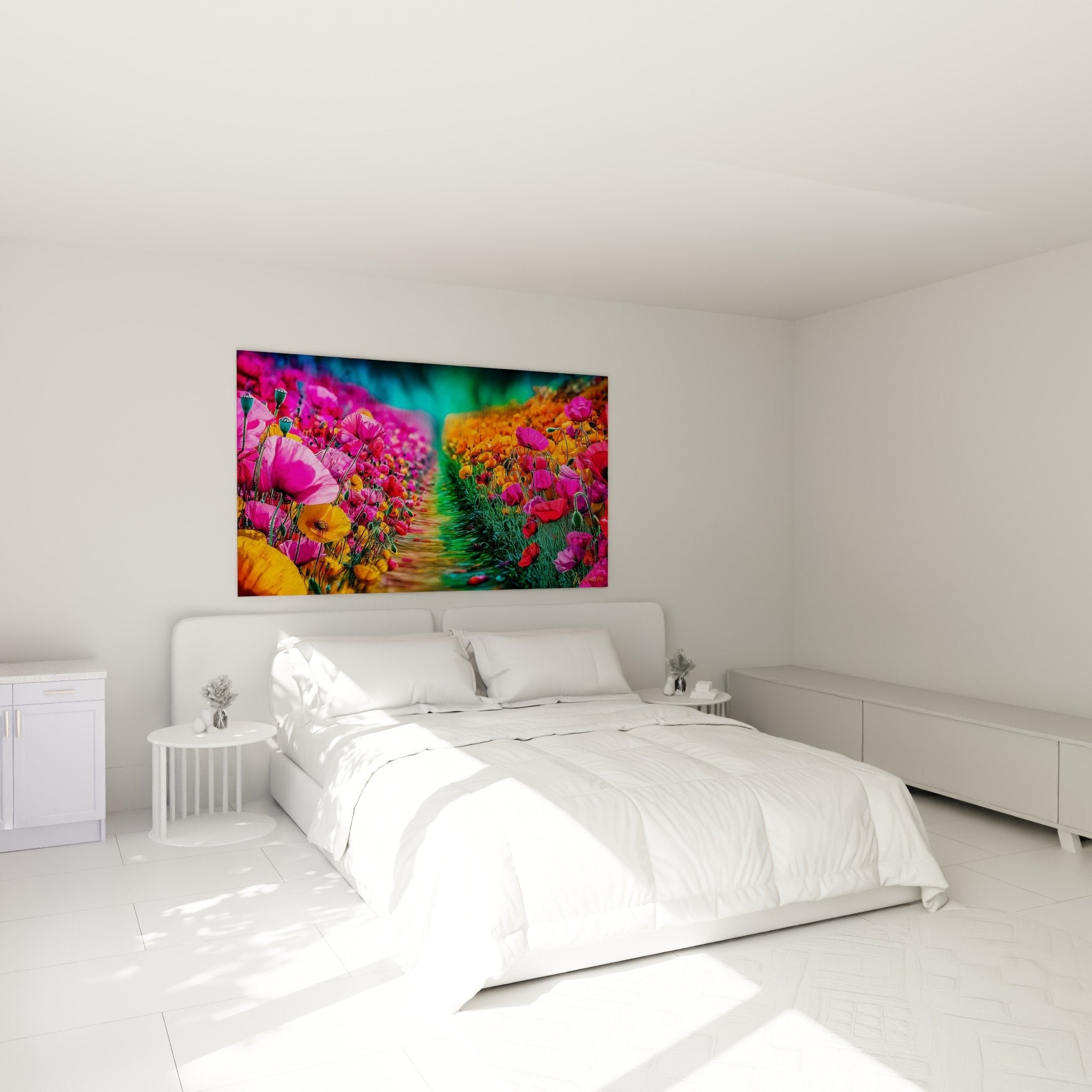 camera moderna quadro papaveri rosa arancioni riflesso acquatico decorazione floreale murale contemporanea