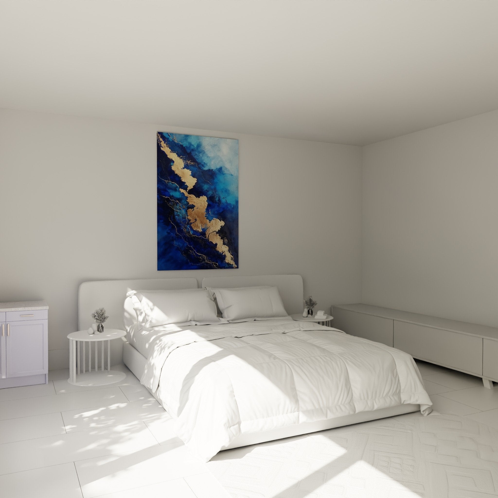 Feng shui north water blue gold wall art in modern bedroom peaceful wall decor