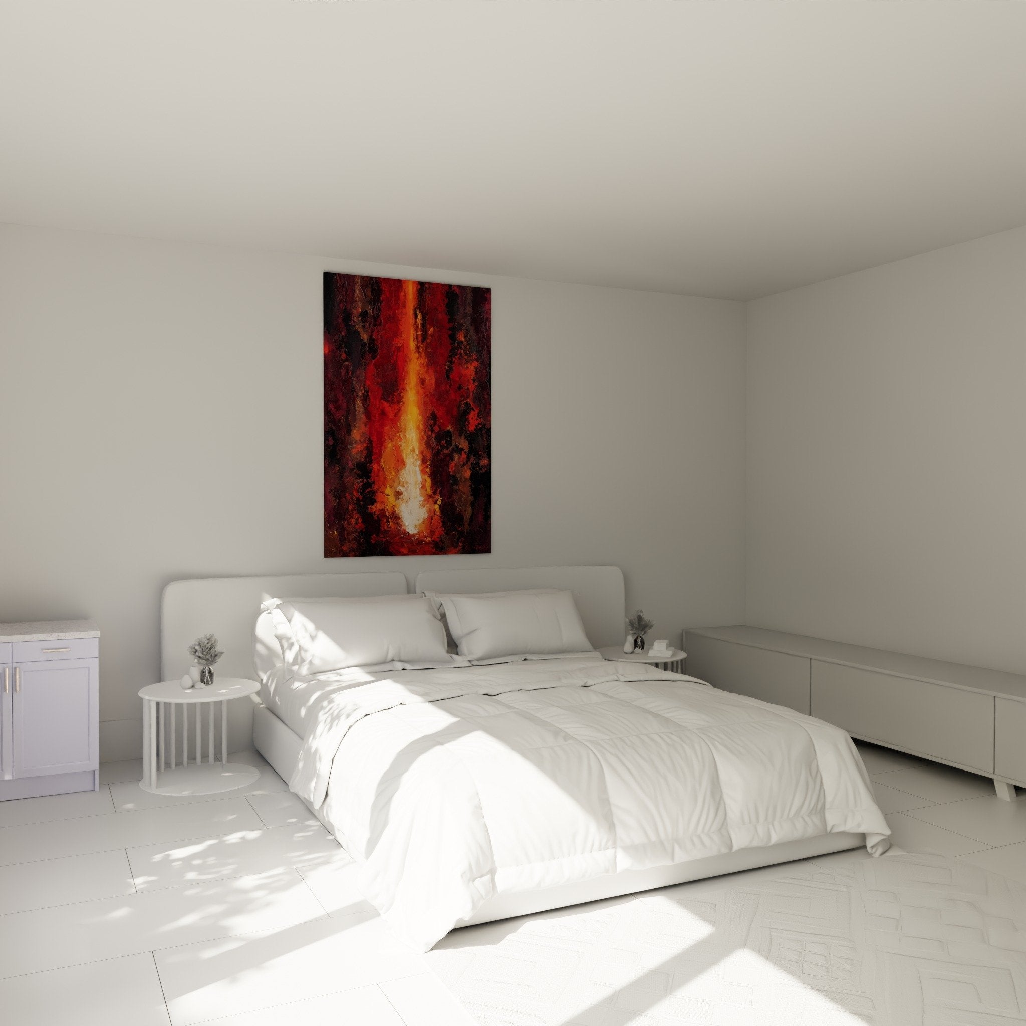 Tableau flammes abstraites rouge orange dans chambre moderne decoration murale feng shui