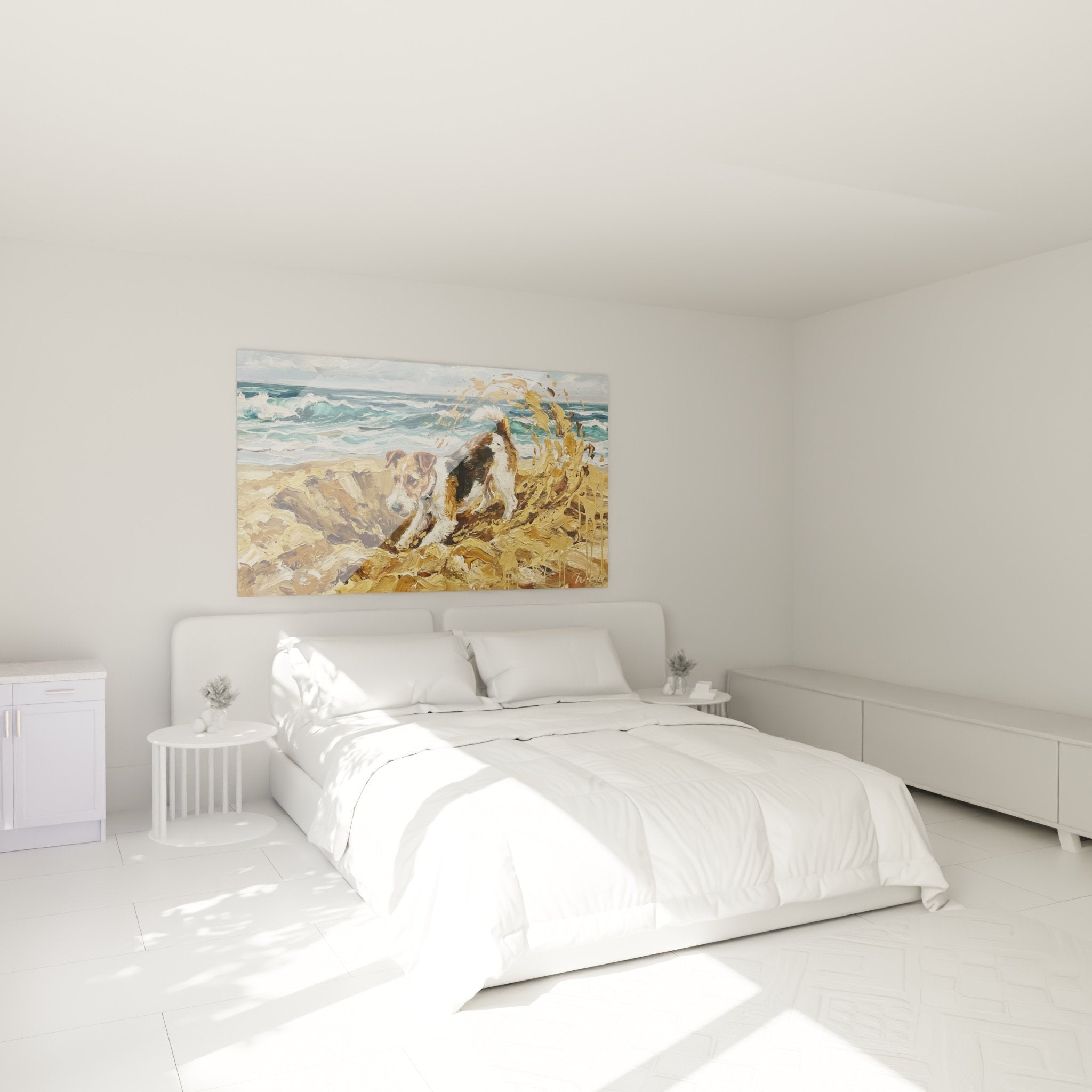 Chambre décoration murale tableau fox terrier plage ambiance maritime couleurs naturelles océan