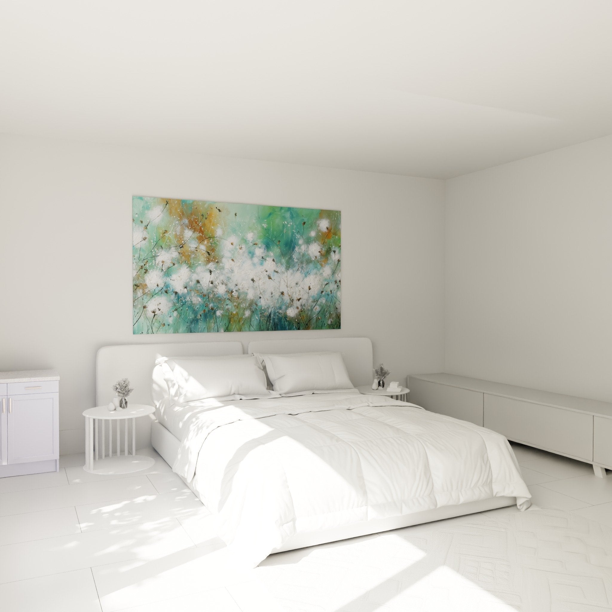 Bedroom decoration with grass artwork in turquoise and white tones, calm natural atmosphere
