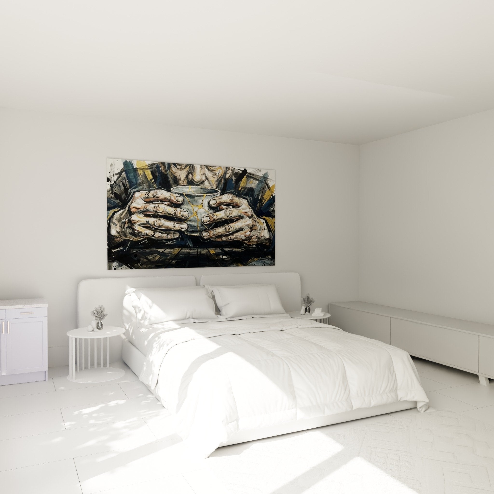 Chambre moderne tableau mains tasse dorée mur bleu decoration murale Kintsugi ambiance apaisante