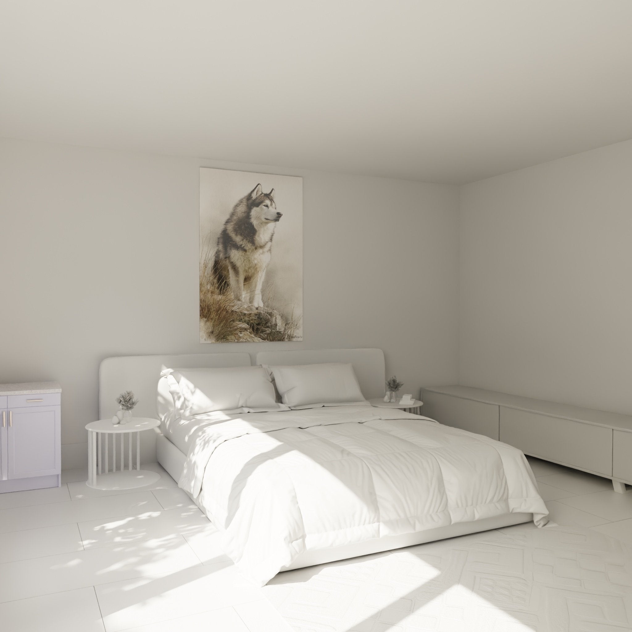 Decoration chambre tableau malamute alaska sur rocher ambiance zen tons beiges gris naturels