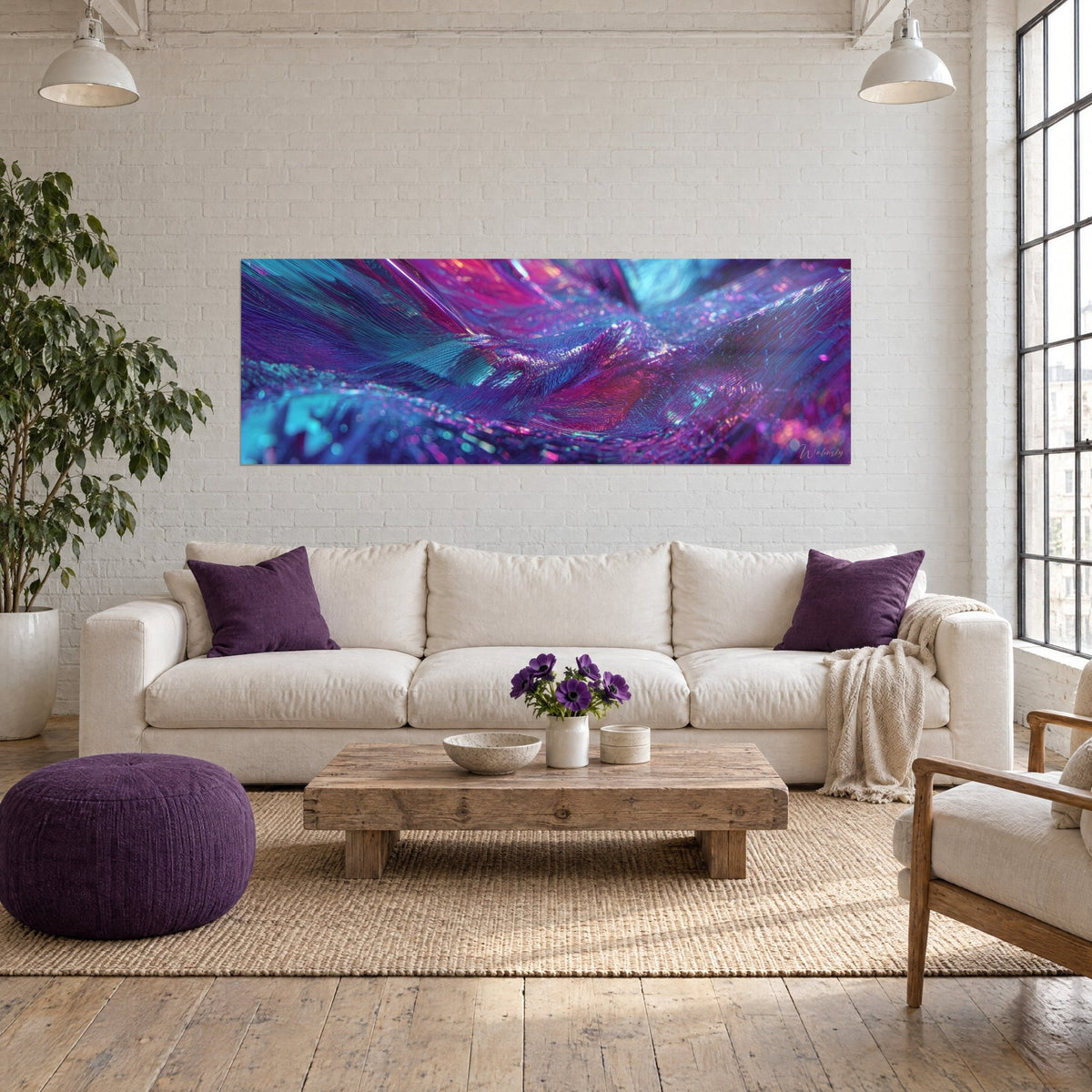 Quadro piume iridescenti viola e turchese, riflessi madreperlacei, sopra un divano in un soggiorno luminoso