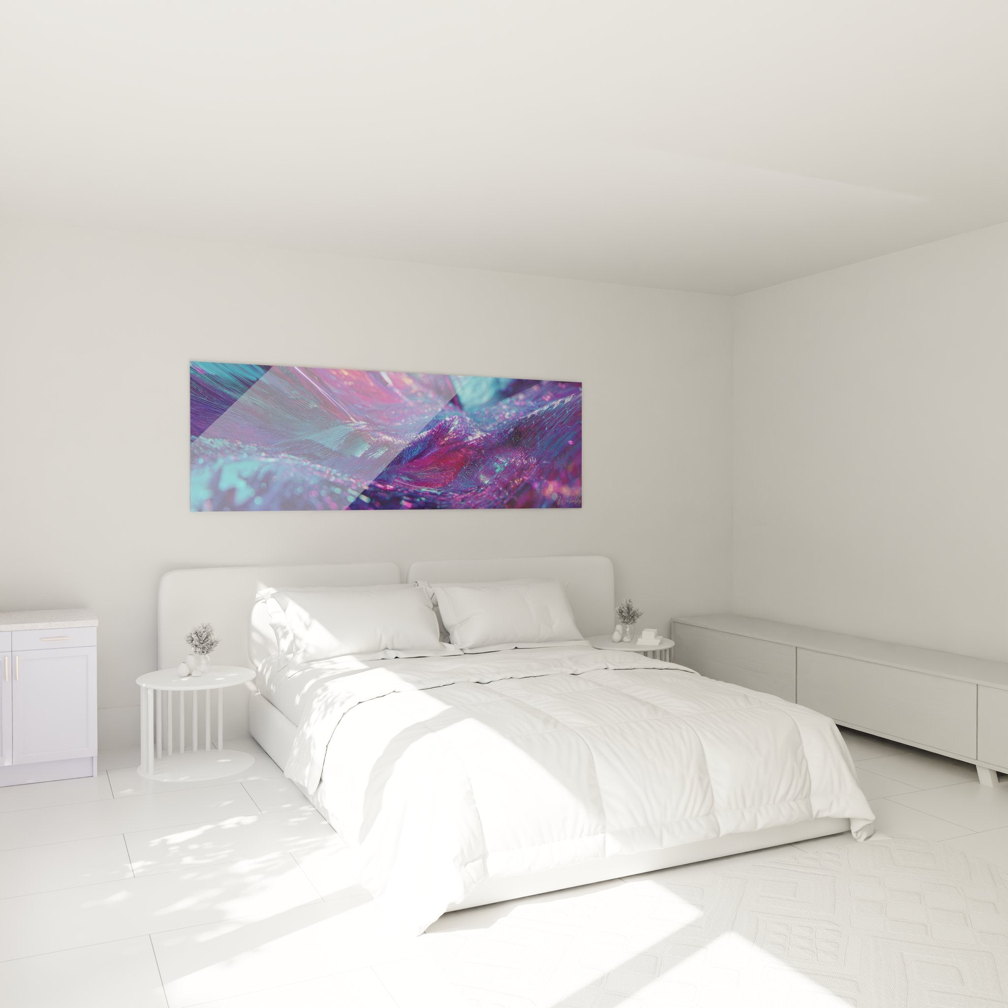 Ambiance chambre avec tableau plumes cosmiques futurisme abstrait décoration murale design