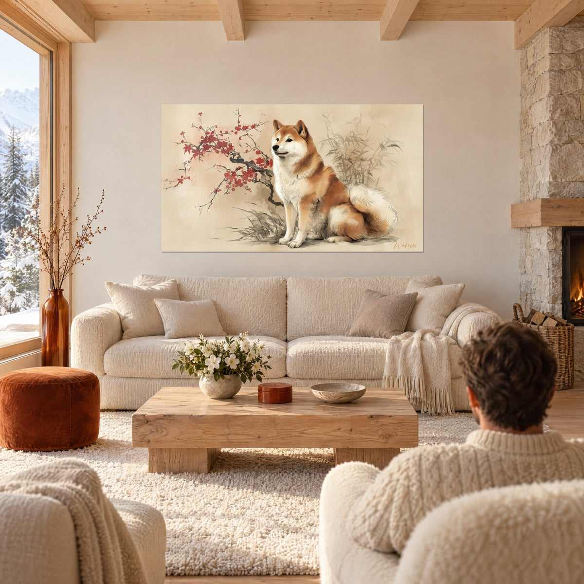Wall art of a red and cream Akita dog with a plumed tail, beside a plum tree with red blossoms, above a sofa in a bright living room