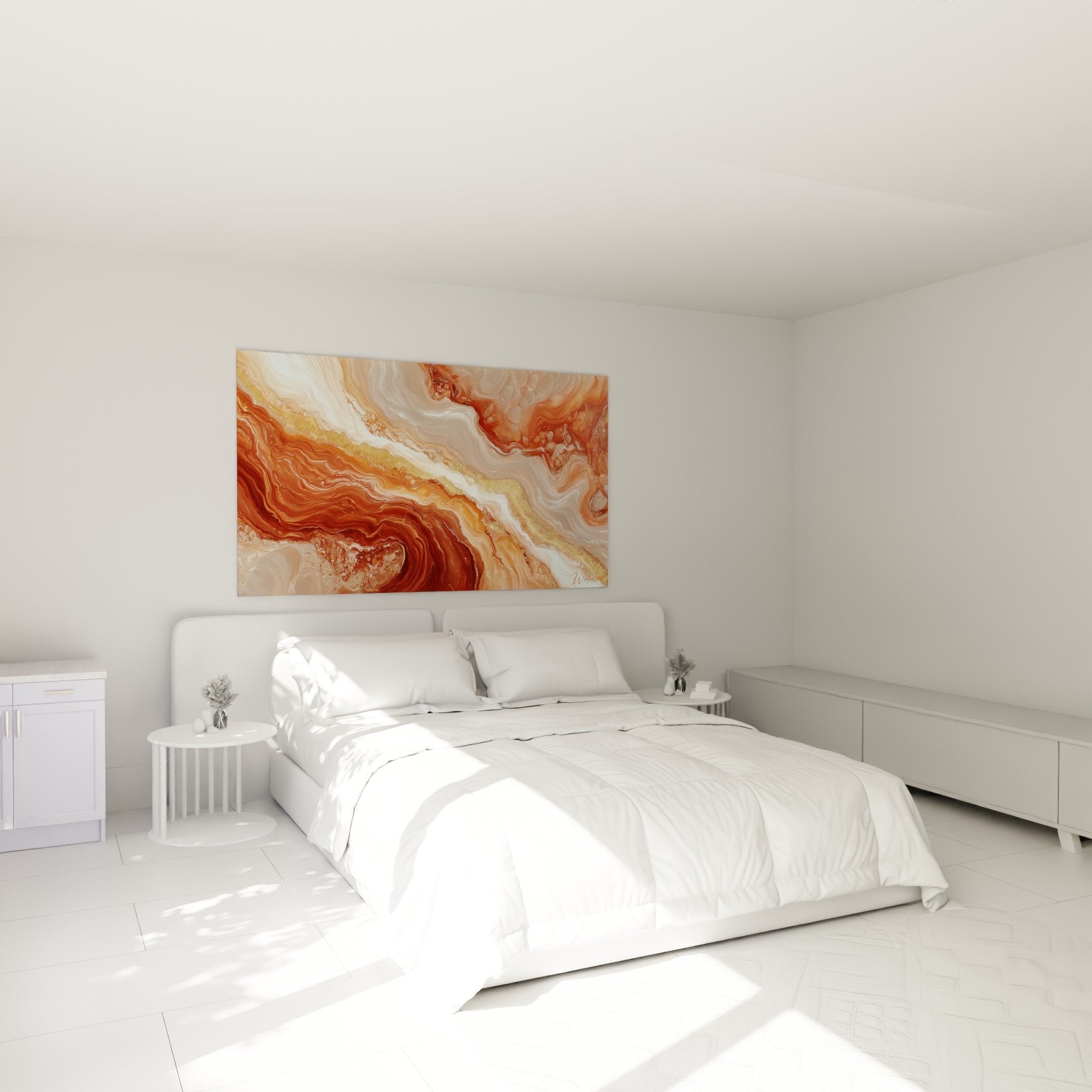 Tableau fluides terre et cuivre dans chambre moderne, ambiance apaisante feng shui centre terre