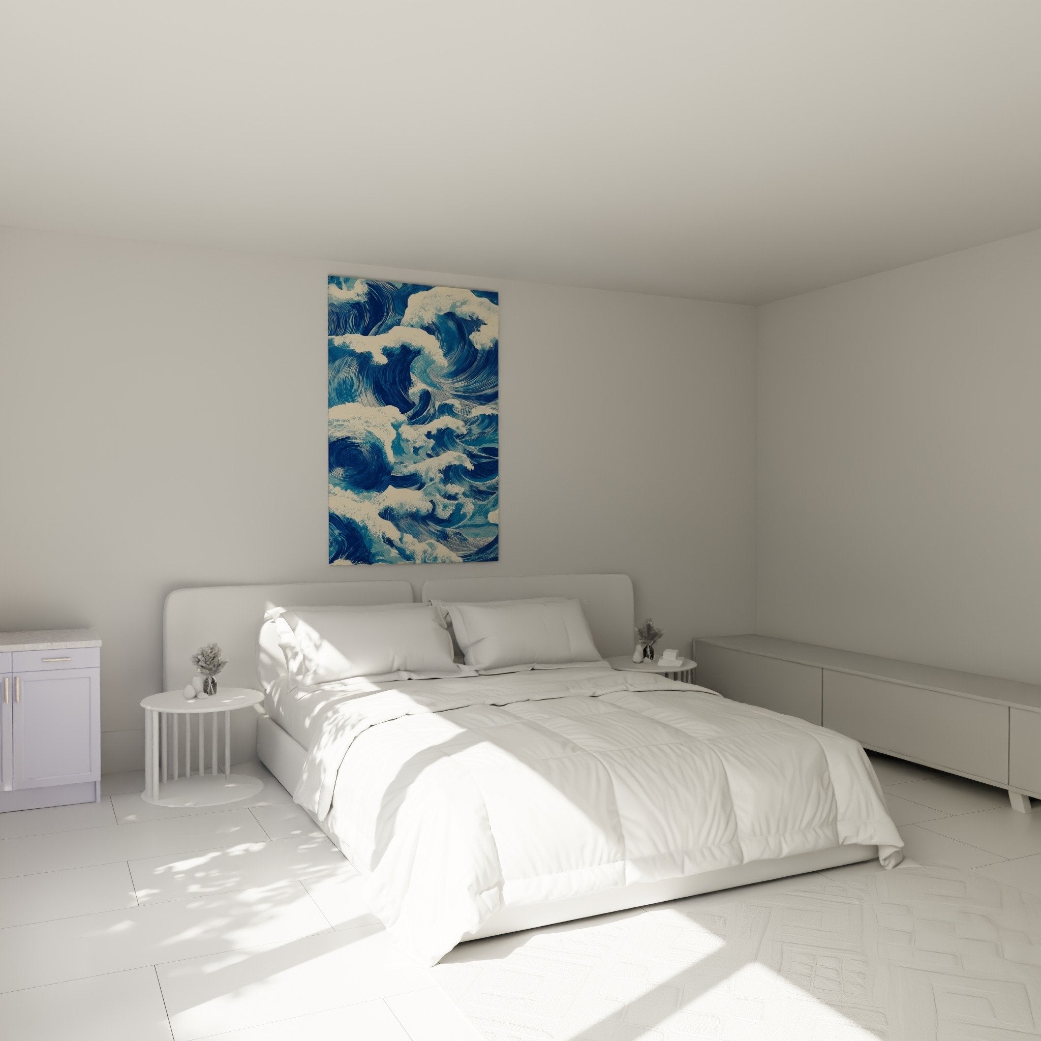 Bedroom ambiance with blue spiral wave artwork on white wall, calming marine wall decor