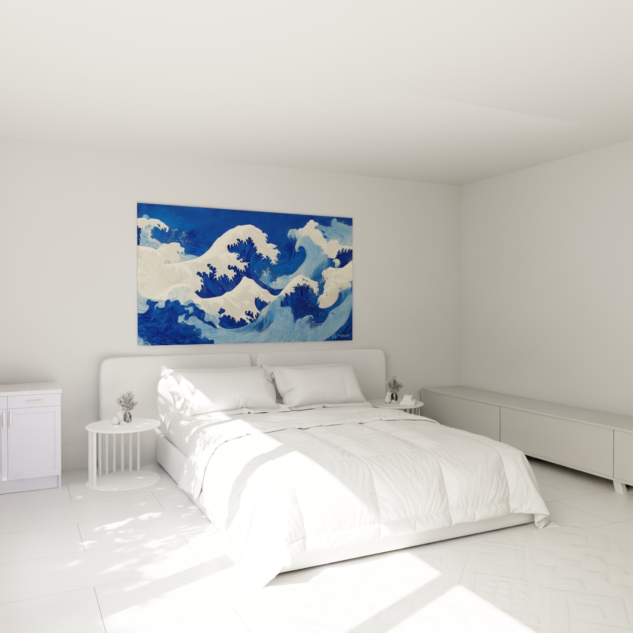 Modern bedroom Japanese blue wave painting white wall zen feng shui north water calming décor