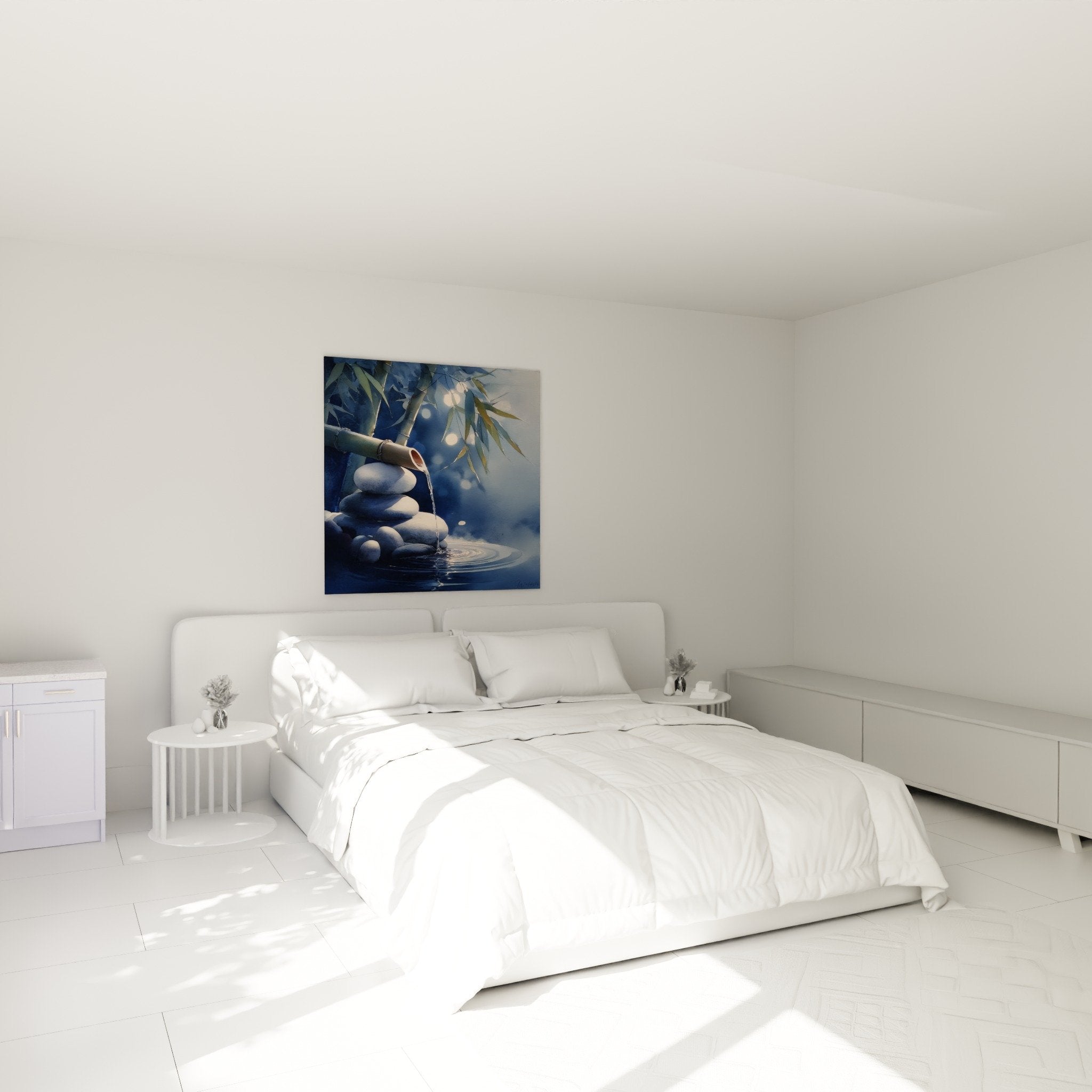 Bedroom decoration zen waterfall bamboo stones blue peaceful feng shui north water atmosphere