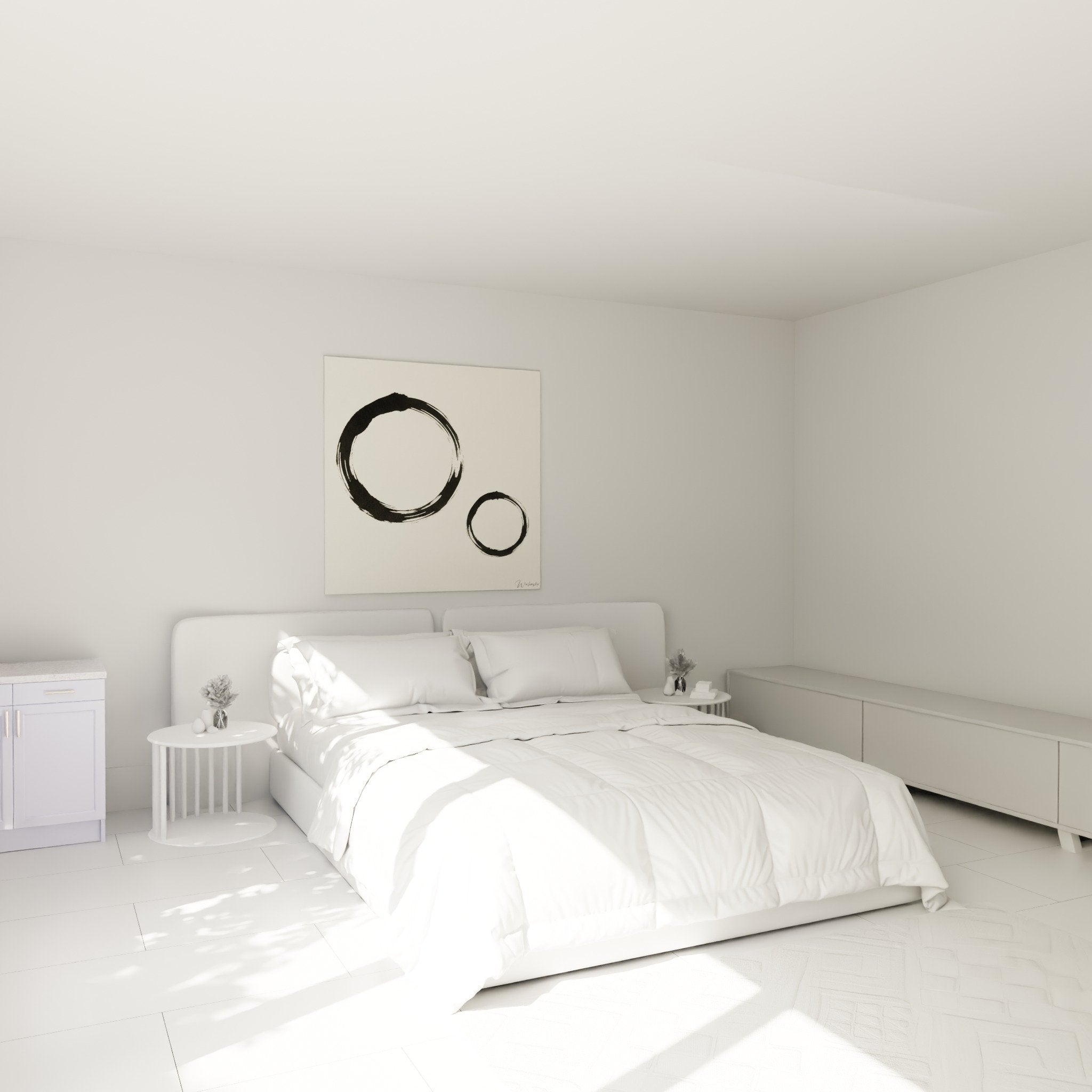 Zen wall art two black circles decorating master bedroom with minimalist calming atmosphere
