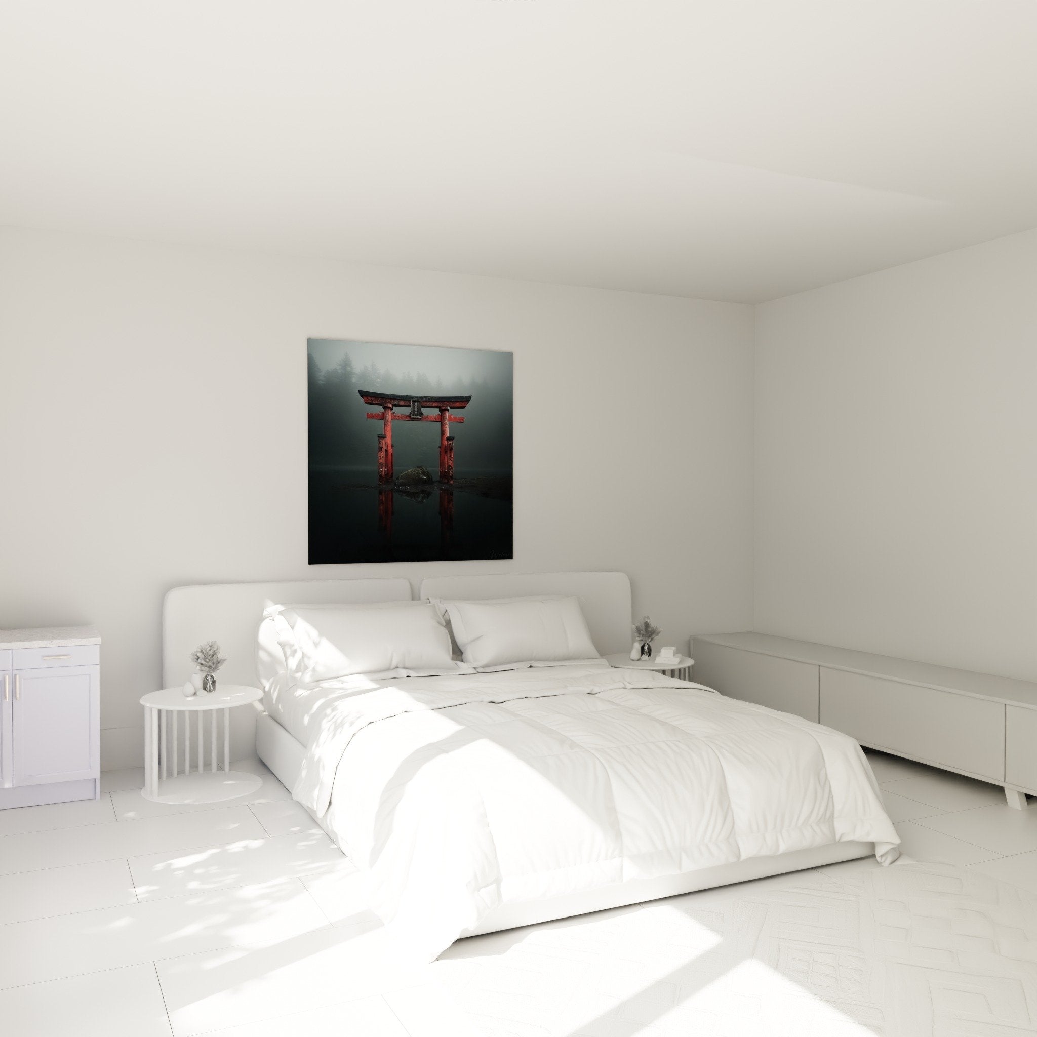 Misty red torii gate wall art in zen bedroom Japanese decoration peaceful atmosphere