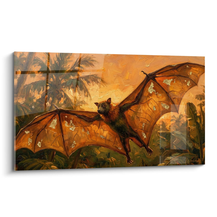 Tableau chauve-souris dorée aux ailes déployées dans un décor tropical orangé - Envol Crépusculaire - Edition Chauve souris