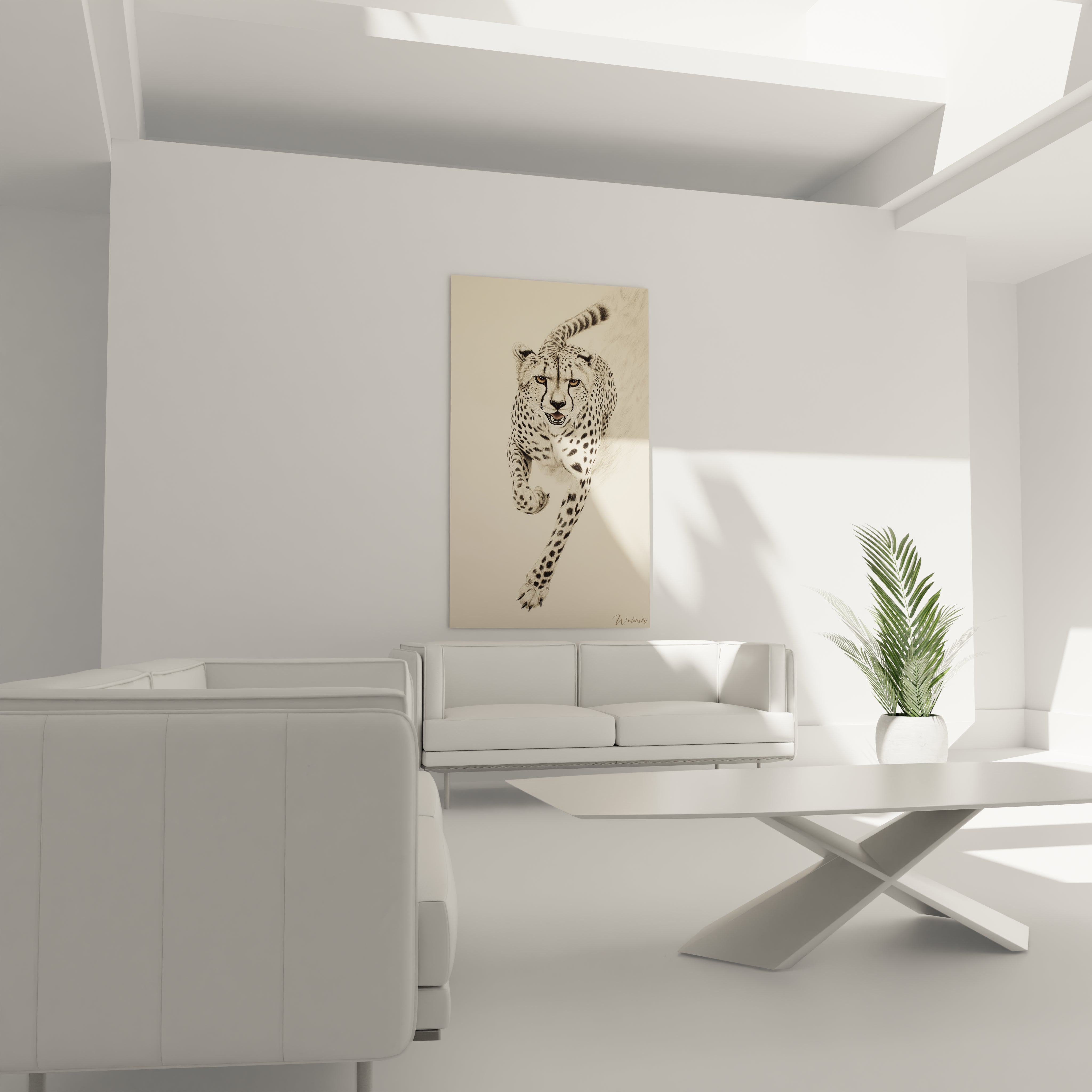 Tableau guépard Walensky en mouvement sur un mur moderne avec mobilier contemporain