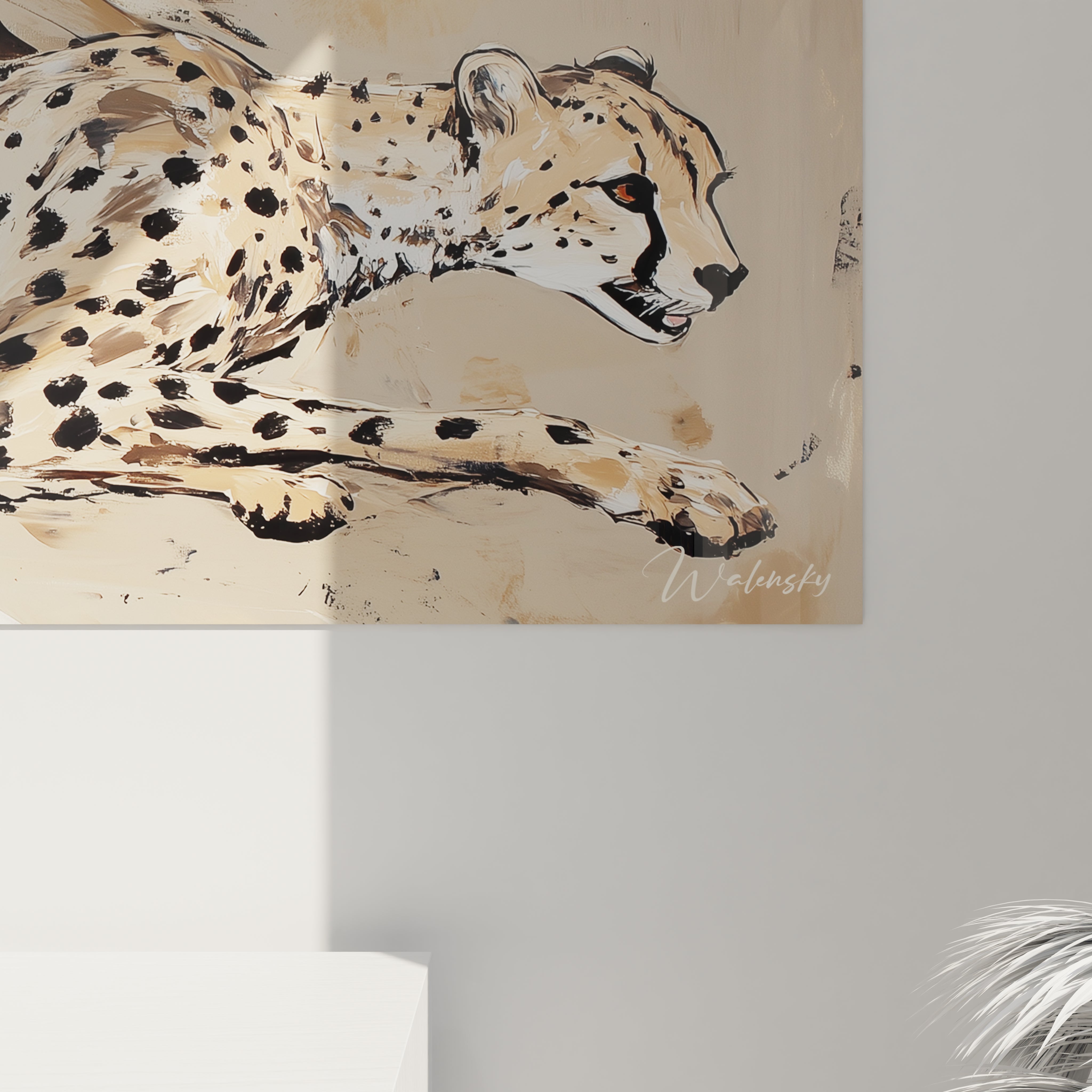Tableau d'un guépard en mouvement par Walensky, idéal pour les amateurs d'art animalier