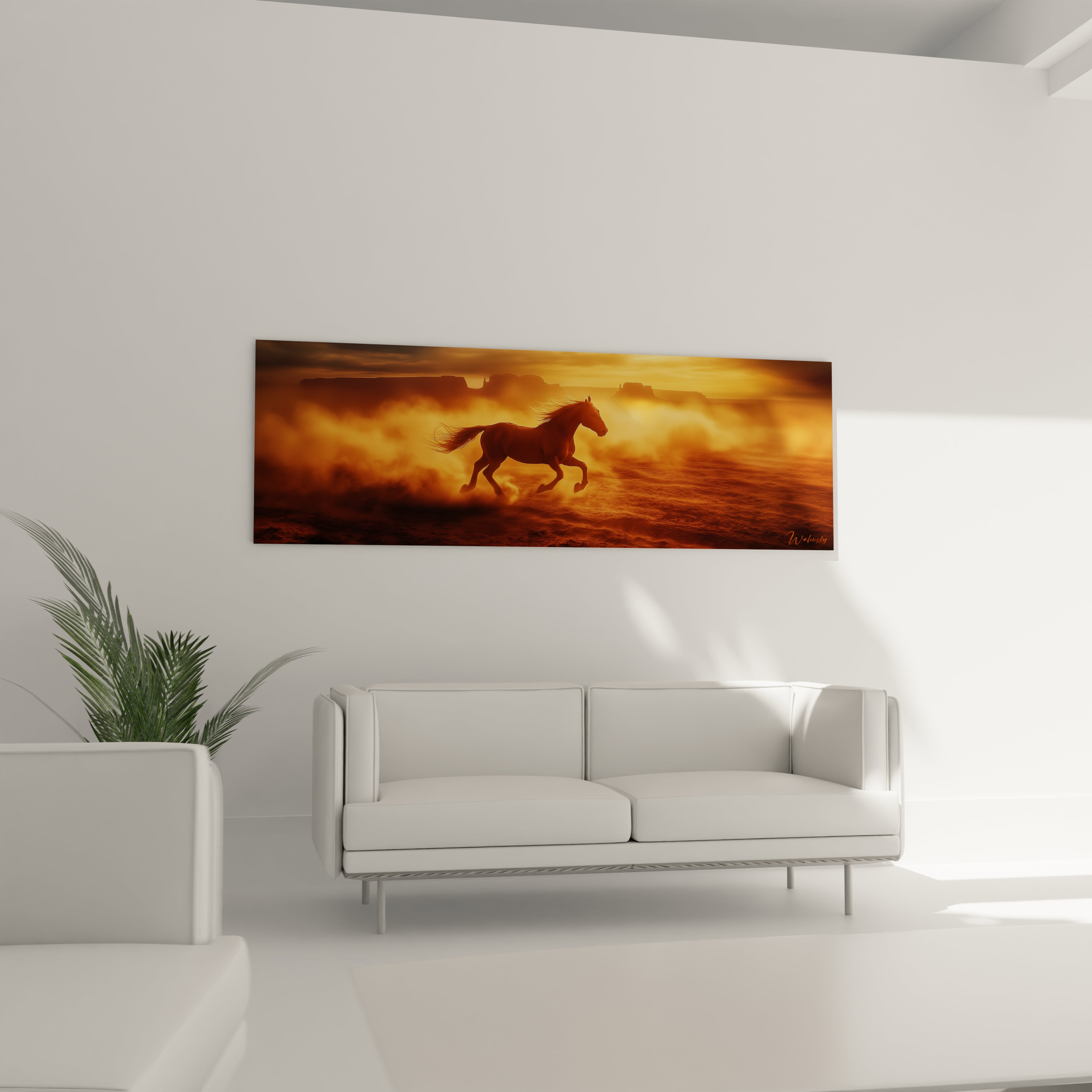 Tableau cheval Walensky représentant un cheval galopant dans une ambiance dorée