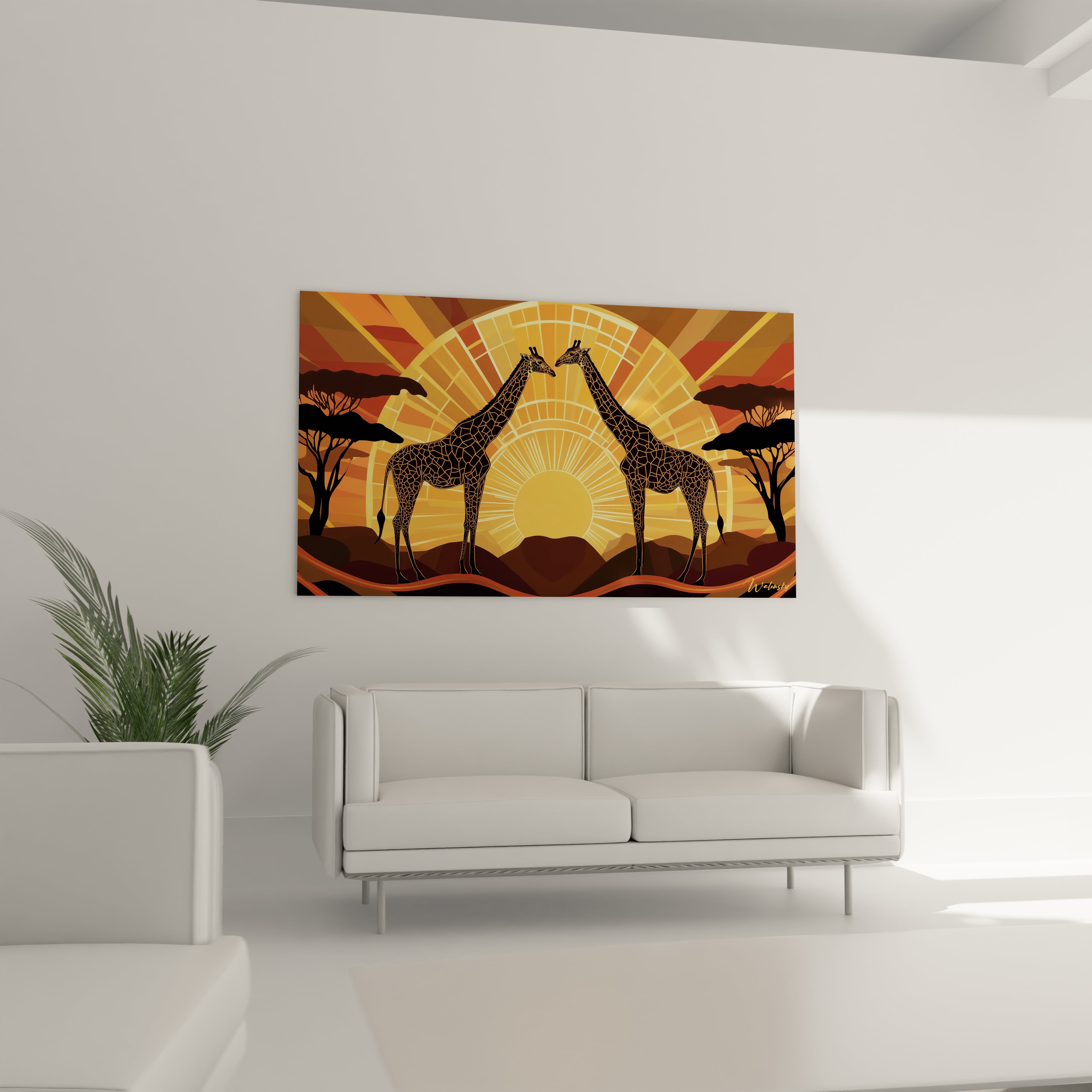 Tableau girafe Walensky avec deux girafes devant un coucher de soleil dans un paysage africain vibrant