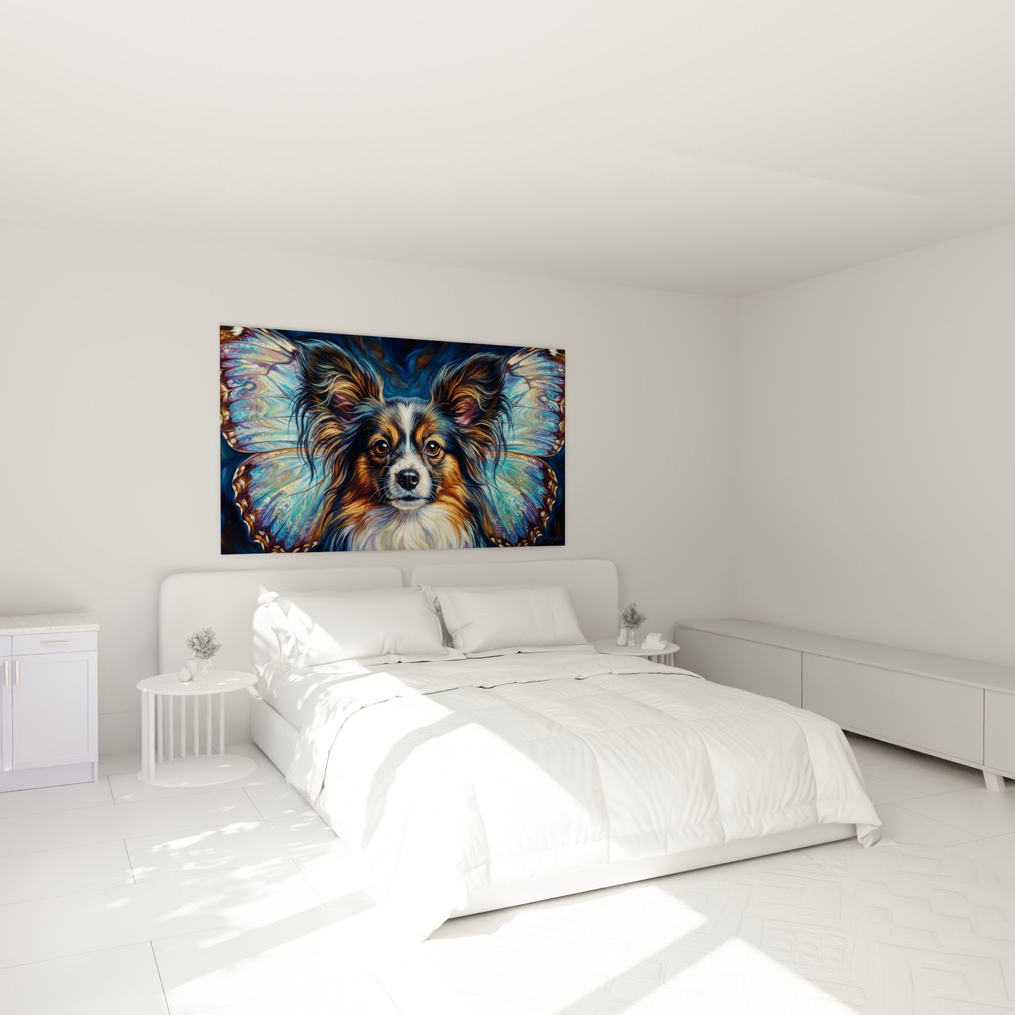 Tableau chien ailé aux reflets nacrés dans chambre moderne avec mobilier blanc et décoration apaisante