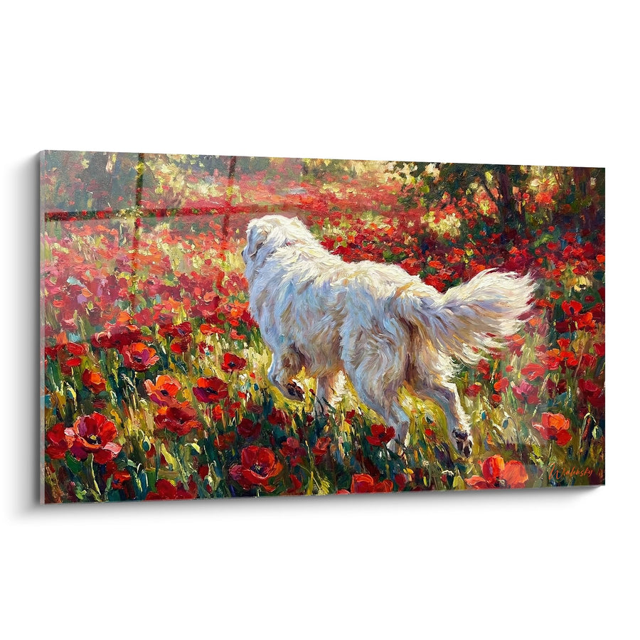 Tableau Chien Blanc dans un Champ de Coquelicots Rouges - Éclat Floral - Edition Montagne des Pyrénées