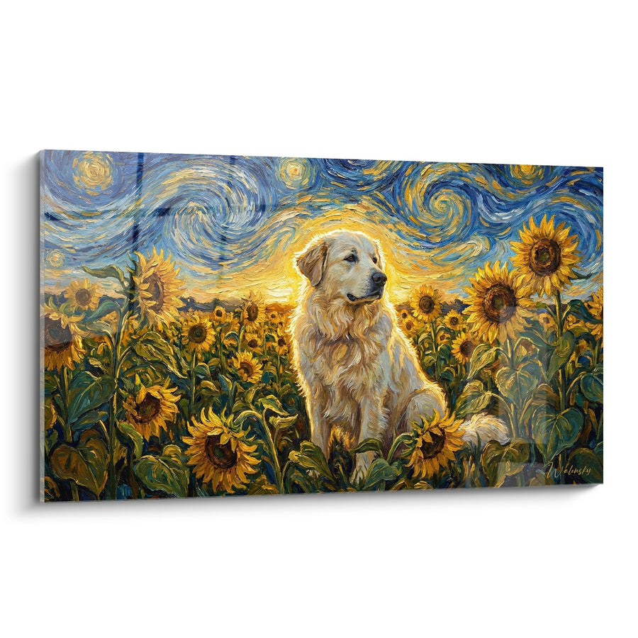 Tableau Chien Doré dans Champ de Tournesols Tourbillonnants - Harmonie Solaire - Edition Montagne des Pyrénées