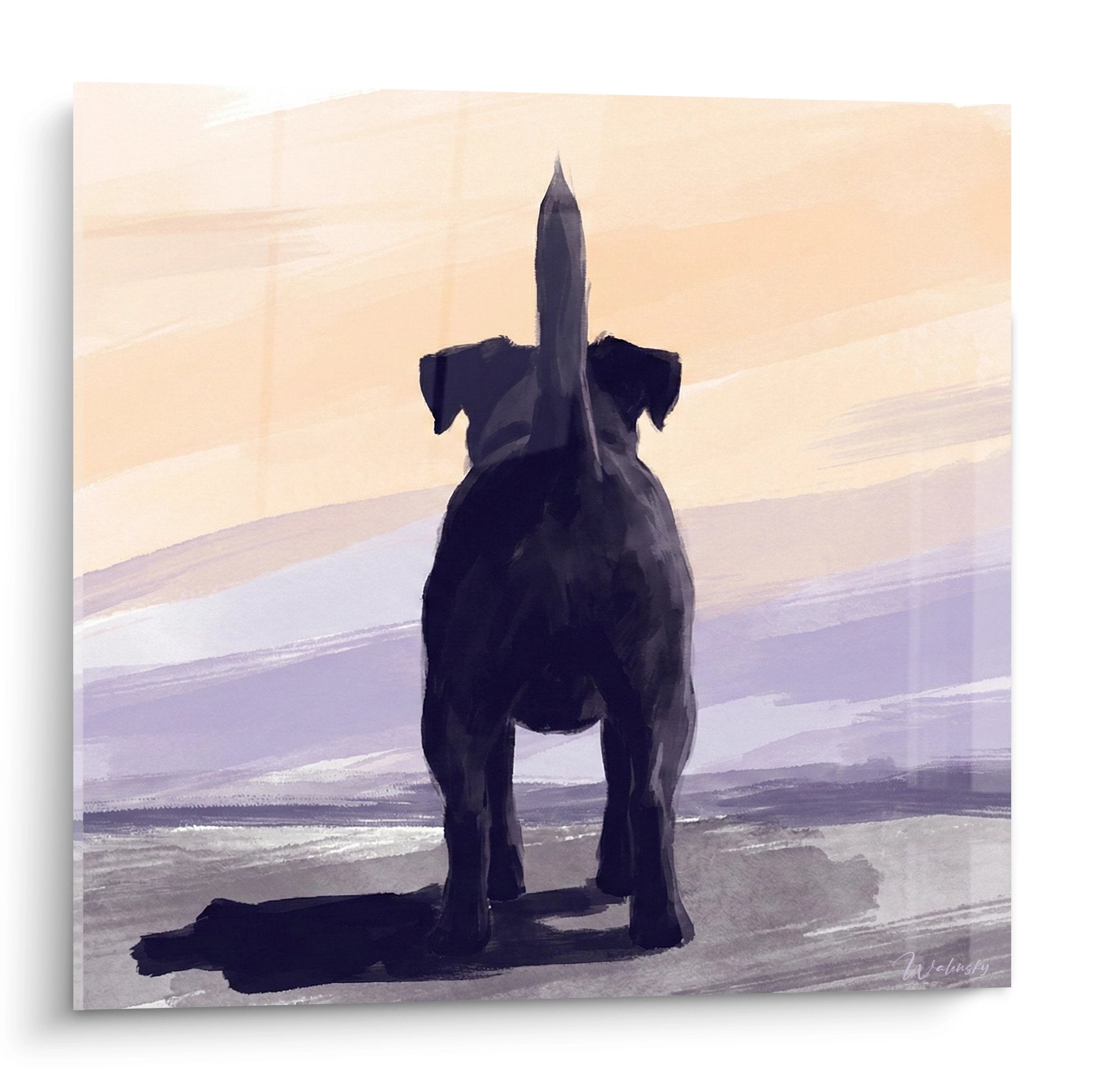 Tableau chien noir contemplant coucher soleil horizon doré violet Jack Russel Terrier silhouette